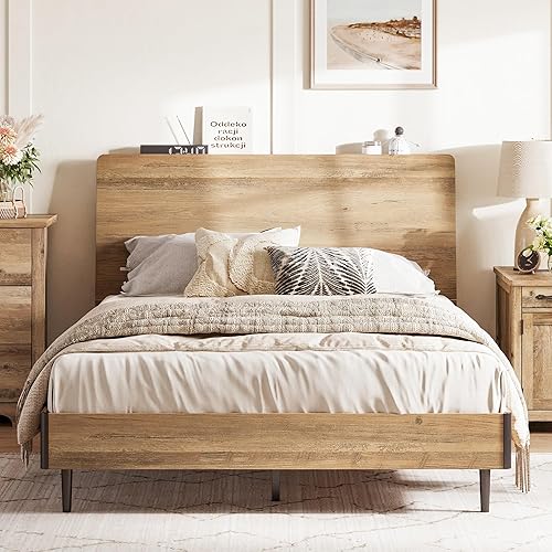 LINSY Full Size Bed Frame Wood with Ergonomic Headboard, Bed Frame Full with Storage Shelf, Noise-Free, No Box Spring Needed - Brown