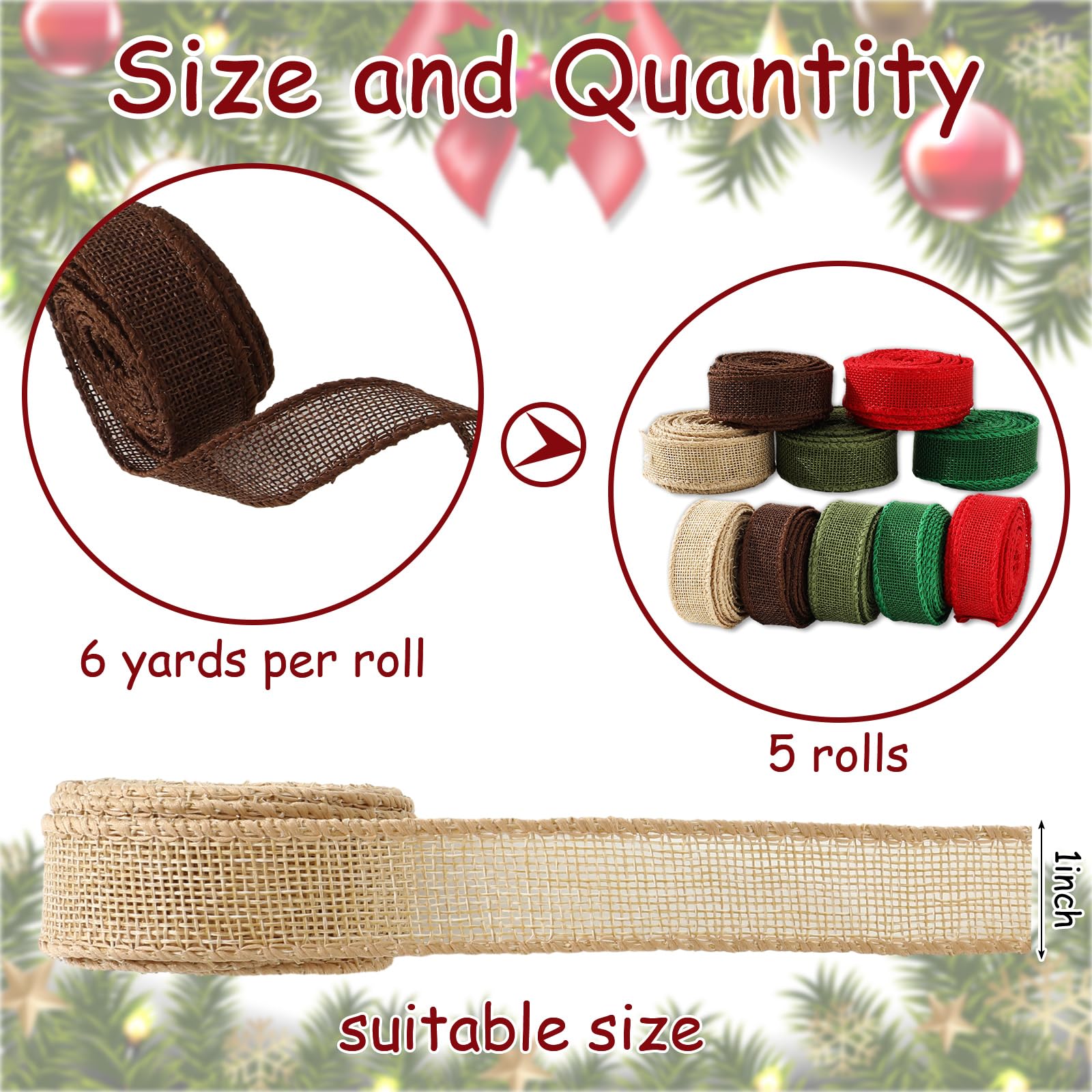 JarThenaAMCS 5 Rollen 30 Yard Weihnachten Juteband 2,5 cm dekoratives Geschenkband für Winter Xmas DIY Handwerk Schleife Kranz Herstellung Zubehör
