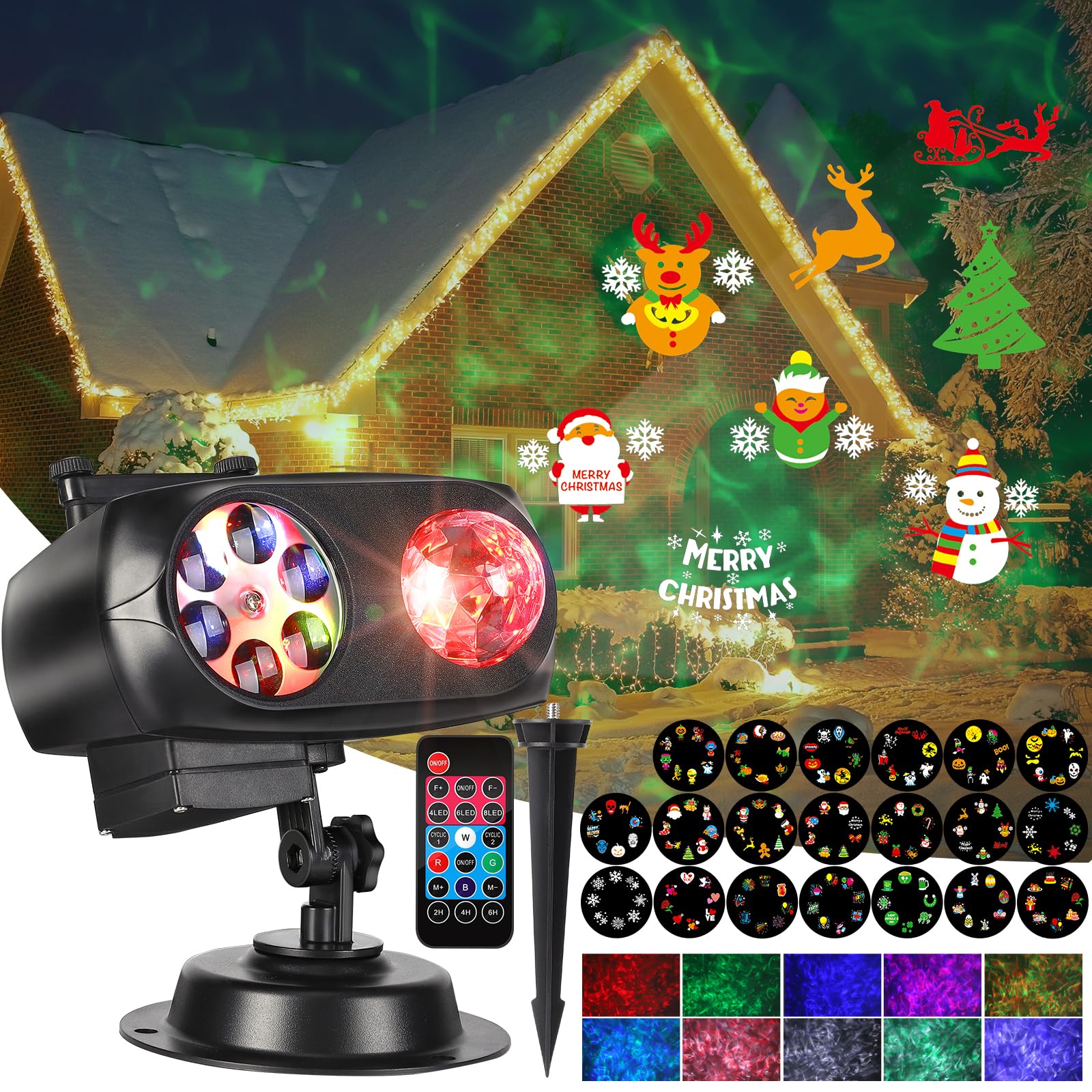 Proiettore Halloween & Natale, 4/6/8 Modalità, 15W, 20 Fogli, Impermeabile, 10 Colori, Onda Oceanica LED, Telecomando per Feste di Deco