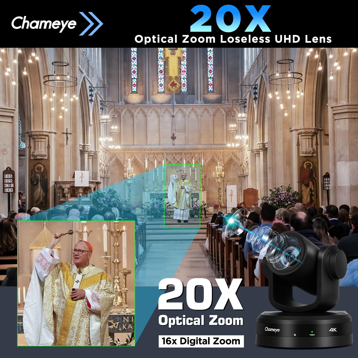 Chameye Telecamera 4K PTZ con 20x Zoom Ottico AI Tracciamento USB3.0/HDMI/LAN(PoE), Registrazione della scheda TF, Telecamera per Conferenze e Streaming in Chiesa Funziona YouTube/OBS (CH420)