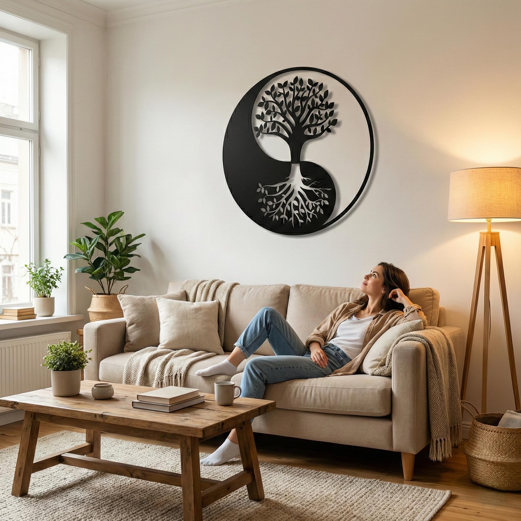 Dekadron Décoration murale en métal - Arbre de vie - Décoration murale en métal Yin Yang 35"W x 35"H / 90x90 cm noir
