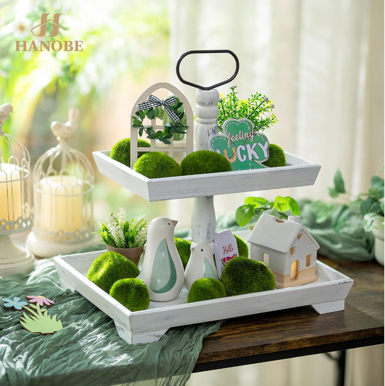 Hanobe Tiered Tray for Table Decor: 2 Tier Sunflower Decorative Tray Stand for Coffee Bar - Spring Farmhouse Rectangle Wood Display for Kitchen Counter, Rustic White