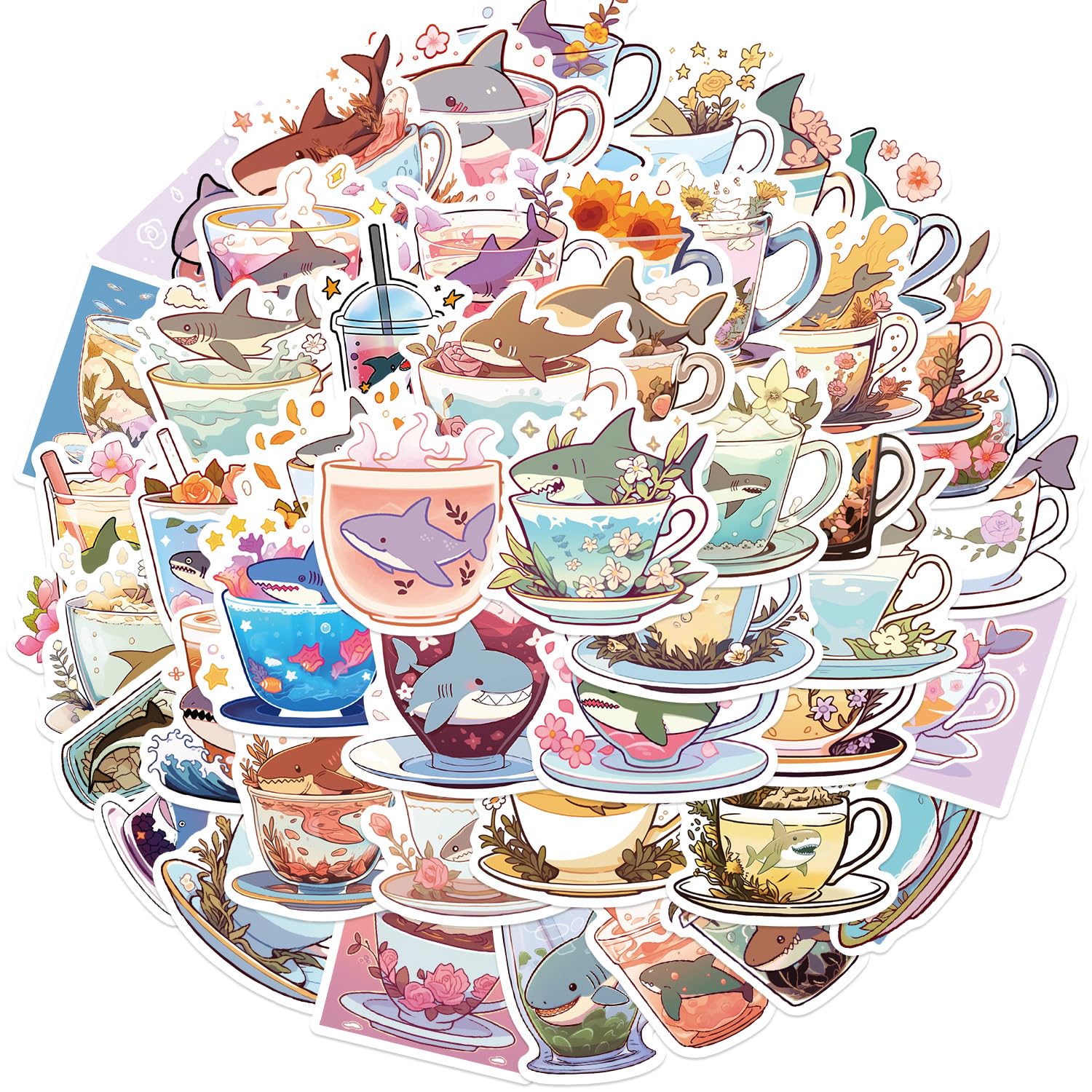 RGBEE 50Pcs Shark Stickers Pack for Water Bottle, Funny Shark Cup Sticker Decals for Hydro Flask Laptop Skateboard Computer Scrapbooking Journal Luggage, Waterproof Vinyl Kawaii Anime Stickers