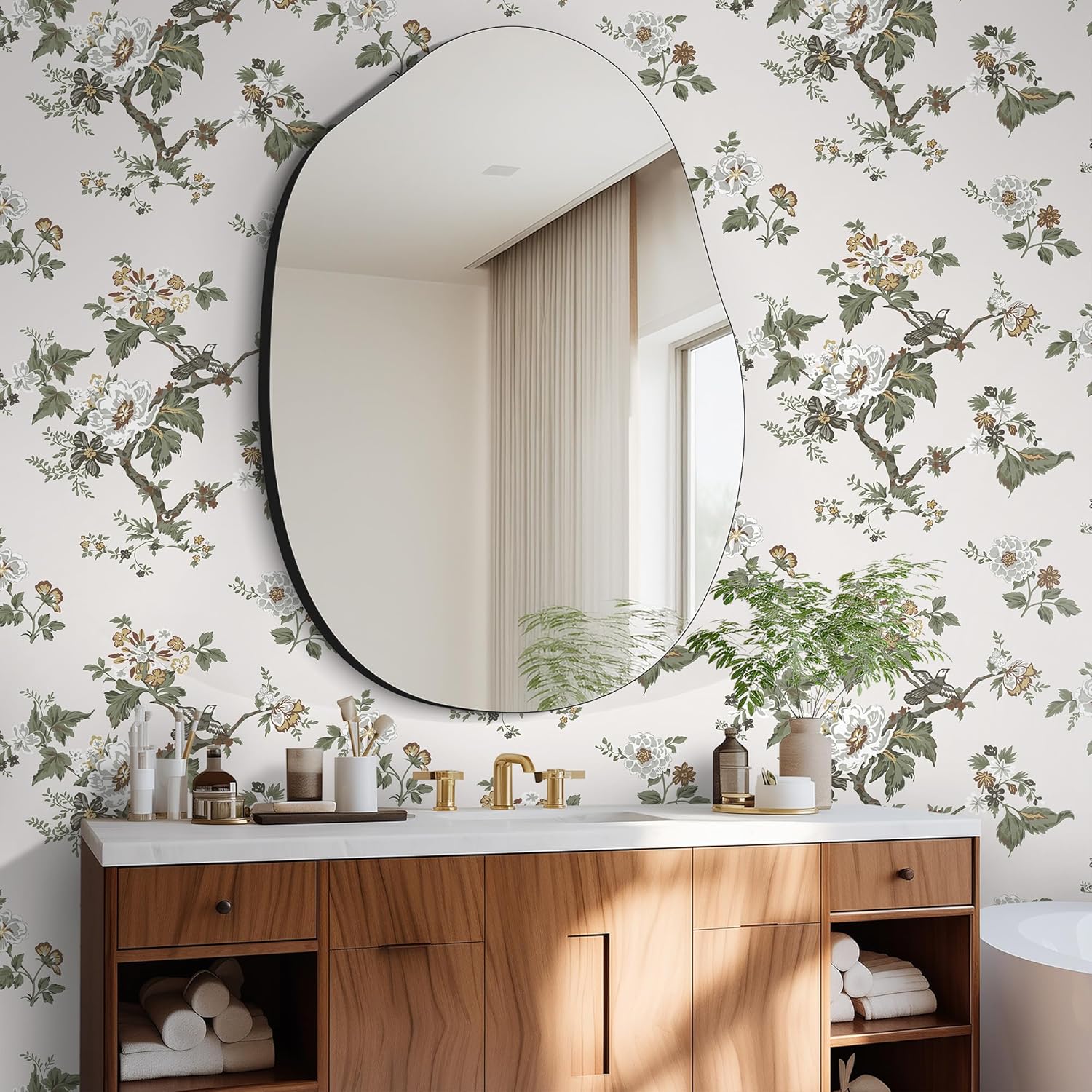 CiCiwind 16"x393.7" Floral Wallpaper Removable Self Adhesive Peel and Stick Wallpaper Flower Birds Contact Paper for Cabinets Living Room Decoral Walls Covering Cute Brown Bird Decoral Pattern