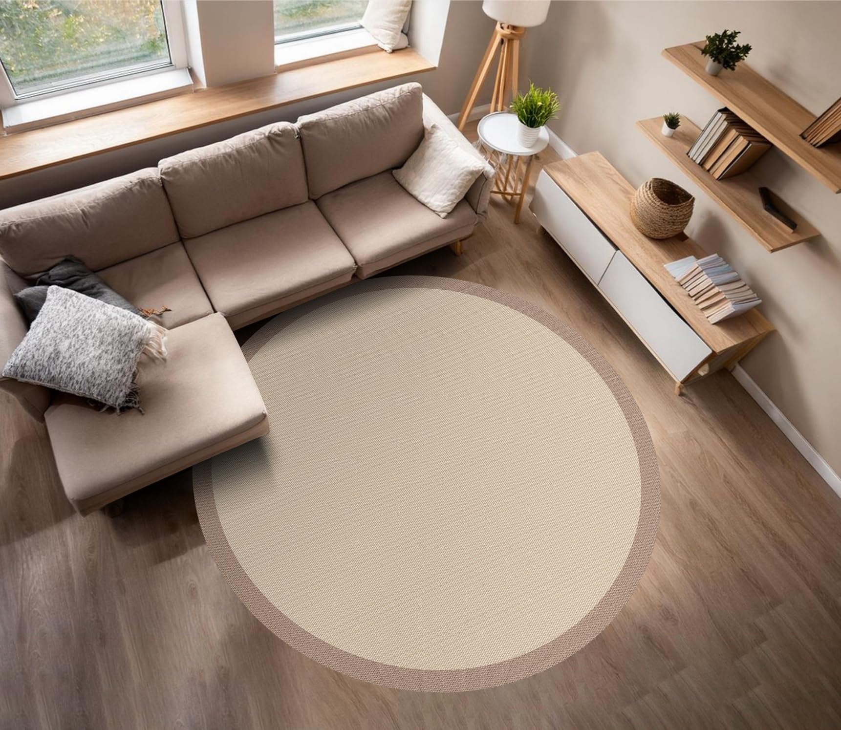 STORESBASIC Alfombra Vinilica Redonda Antideslizante, Lavable y Resistente a Manchas, Tejido Trenzado y Sin Pelo, Alfombra de Vinilo Interiores y Exteriores, Beige-visión 200cm diámetro