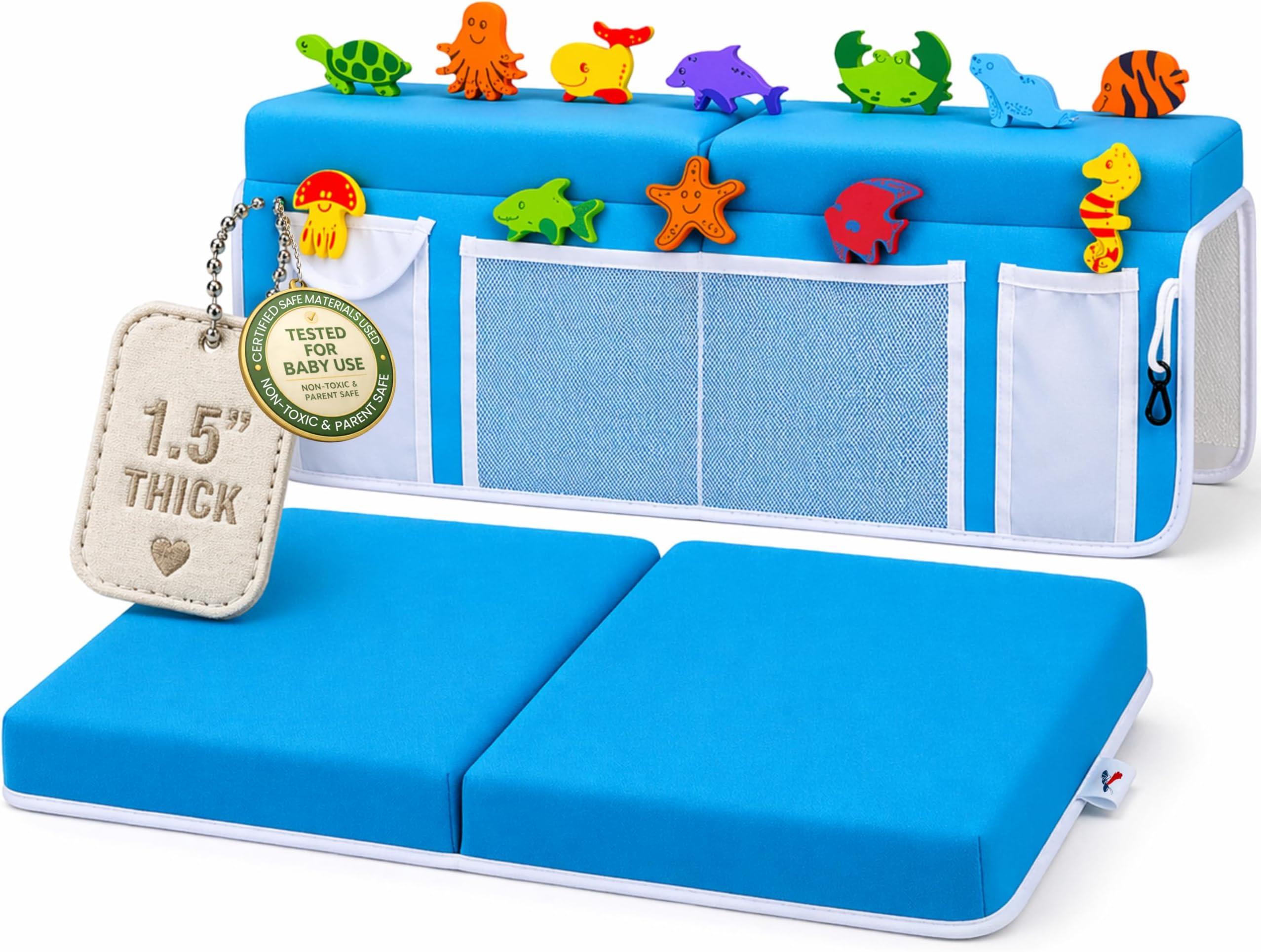 Bath Kneeler –8 Suction Cups & 1.5" Padding.Certified Non Toxic Bath Kneeling Pad for Bath Tub & 5 Bath Organizer. Fast Dry Baby Bath Kneeler and Elbow Rest Pad Set by Supa Ant-Blue