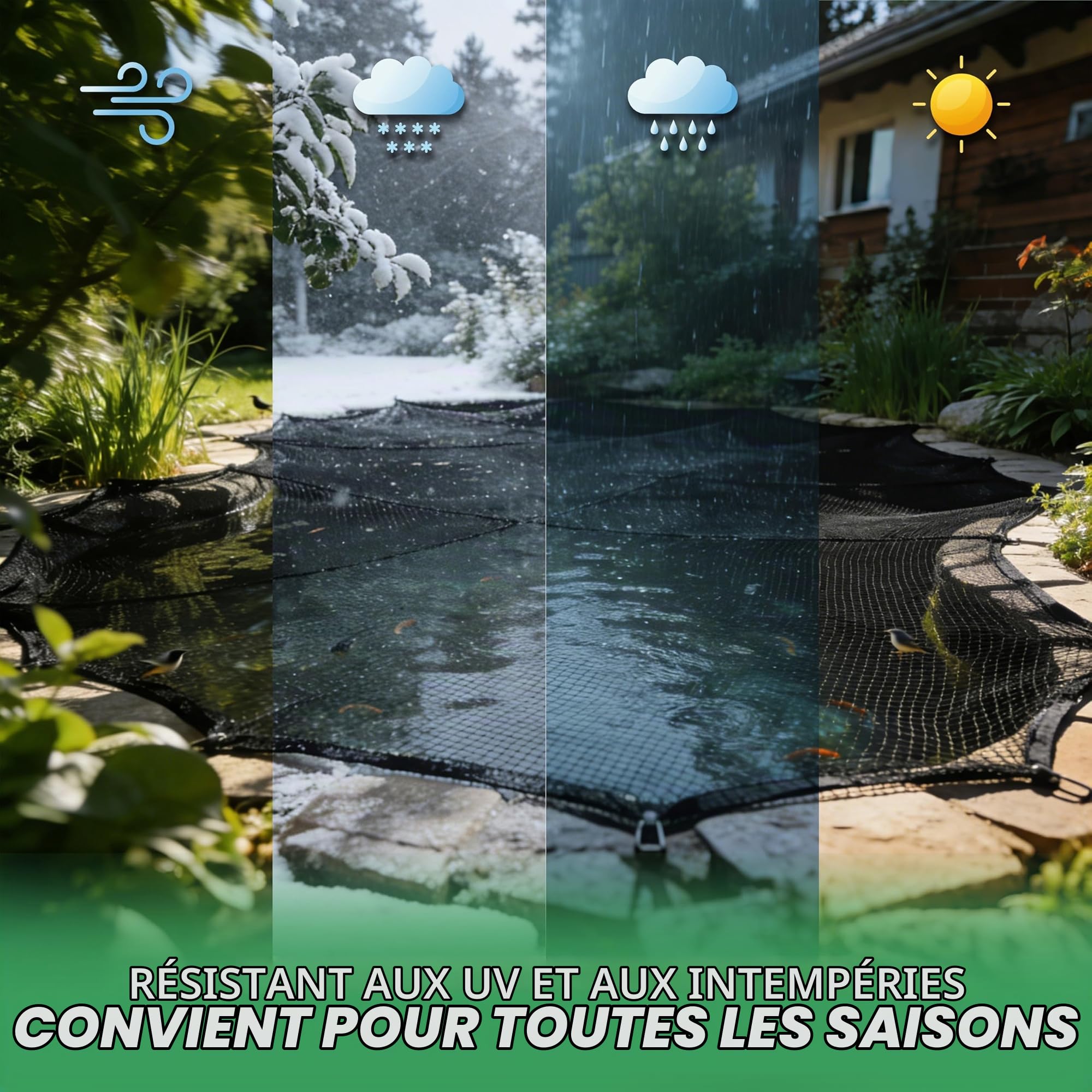 Filet Anti-Oiseaux pour Bassin 8×8m, à Mailles Fines (15×15mm), Anti-Feuilles, 20g/m², Tressé à 3 Brins, avec 20 Piquets de Fixation et 30 Serre-Câbles, pour Jardin et Potager (64m² - 8x8m)