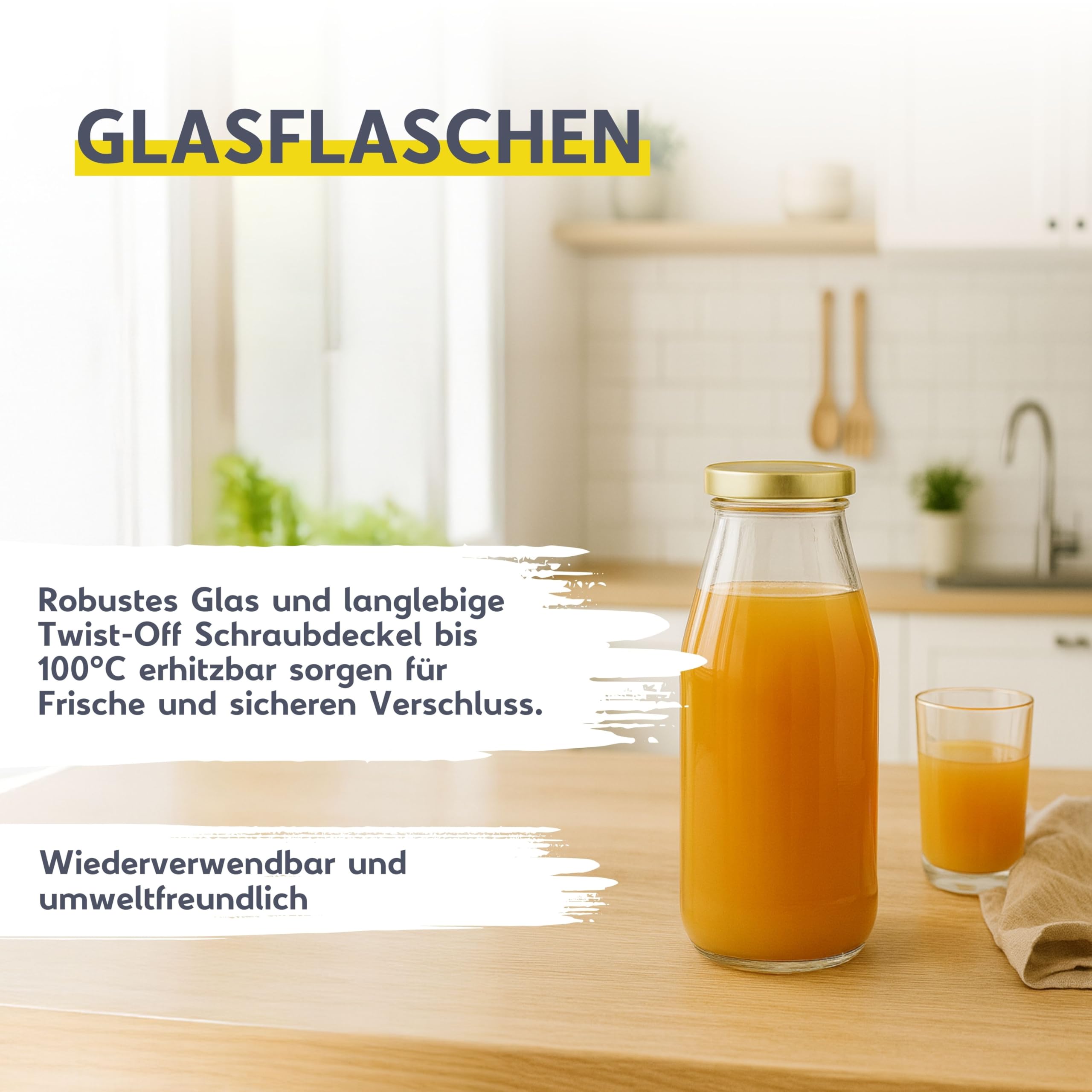 mikken 12 x szklana butelka 500 ml, butelka z zakrętką złota wraz z lejkiem