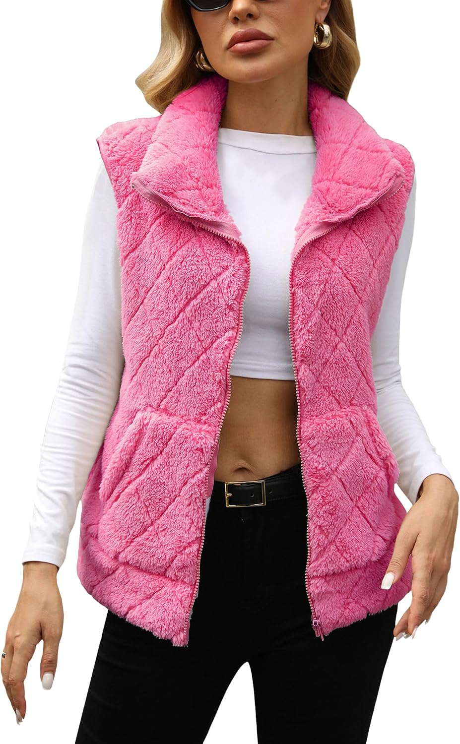 ODIZLI Womens Fleece Vest Fuzzy Gilet Sleeveless Sherpa Zip Up Vests with Pockets Winter Outwear Warm Cardigan