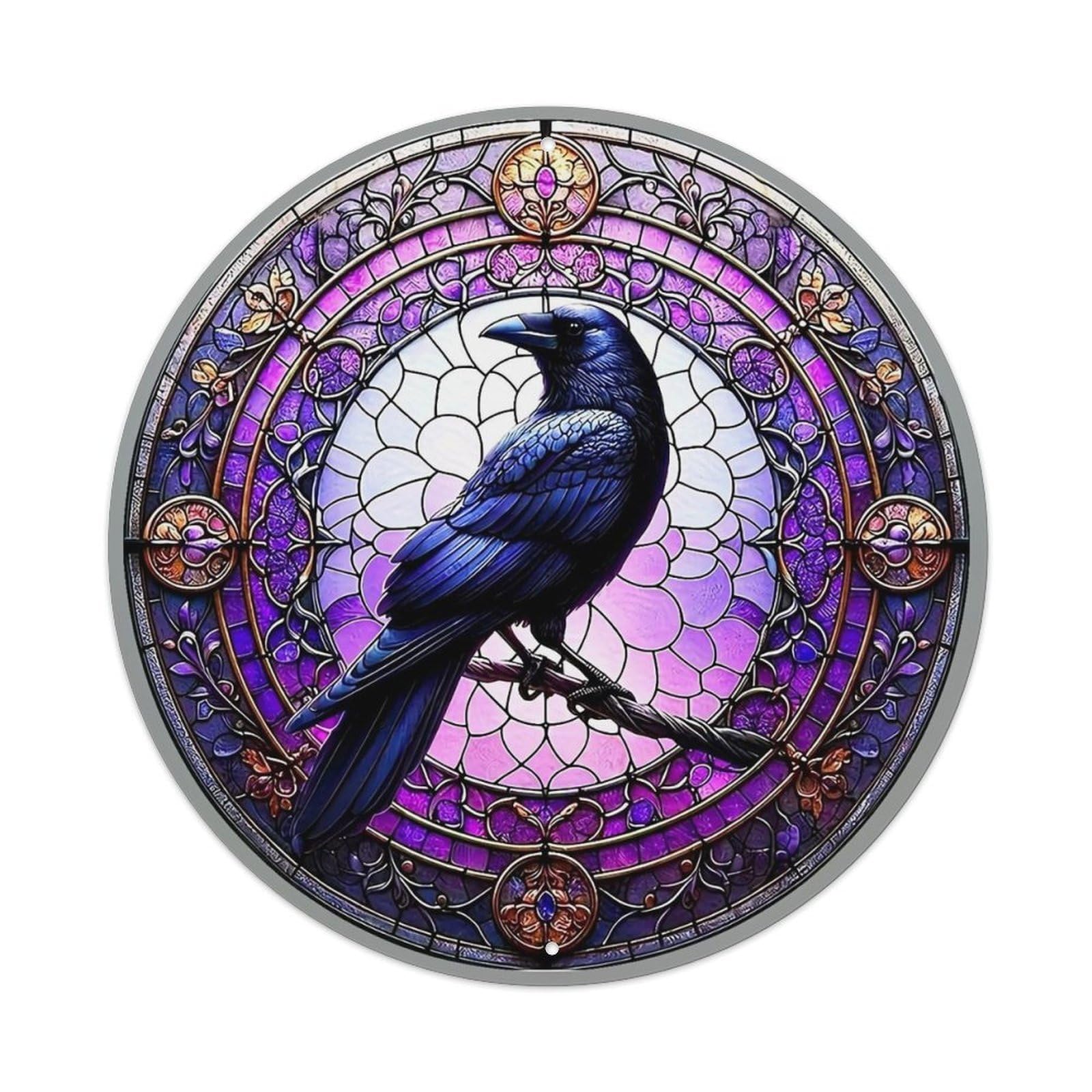 Stained Glass Raven Circular Design Retro Metal Tin Sign, Vintage Metal Poster for home, Gaming Room, Studio Workshop,Bar,Garage Wall Art Decor 8x8 inch