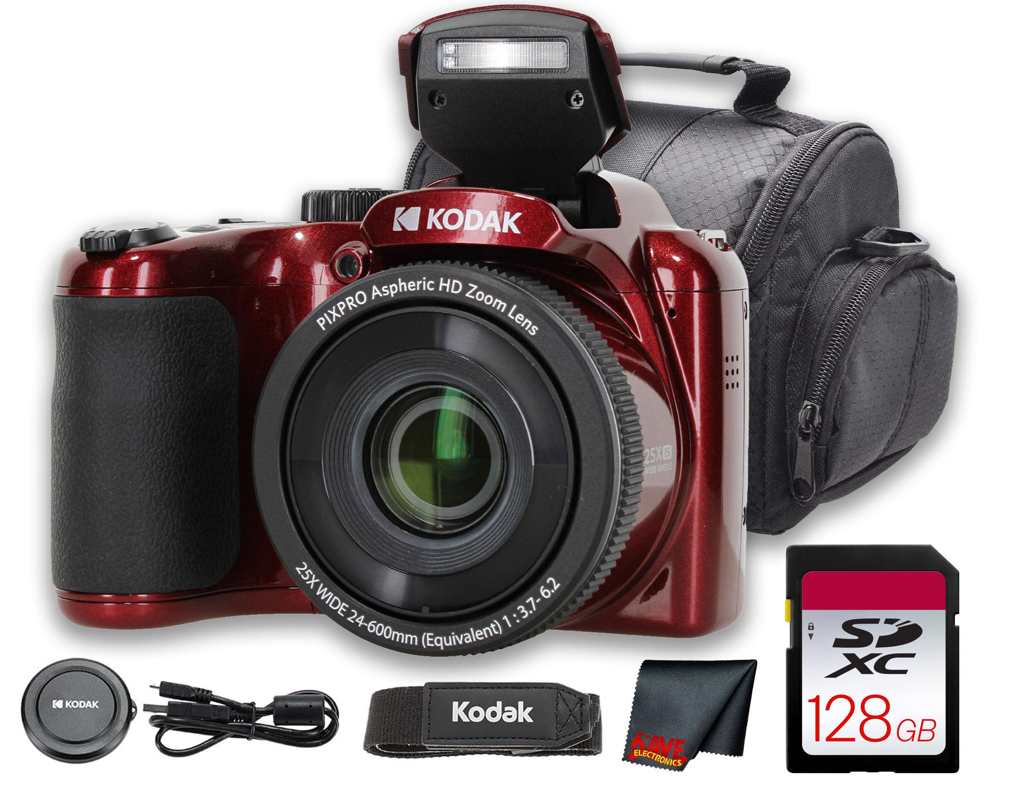 Kodak PIXPRO AZ255 Digital Camera (Red) | 16MP Sensor, 25x Optical Zoom, 24mm Wide-Angle Lens & Optical Image Stabilization | Great for Travel & Distance Photos (AZ255RD) + 128GB Card + Bag + Cloth-image-12