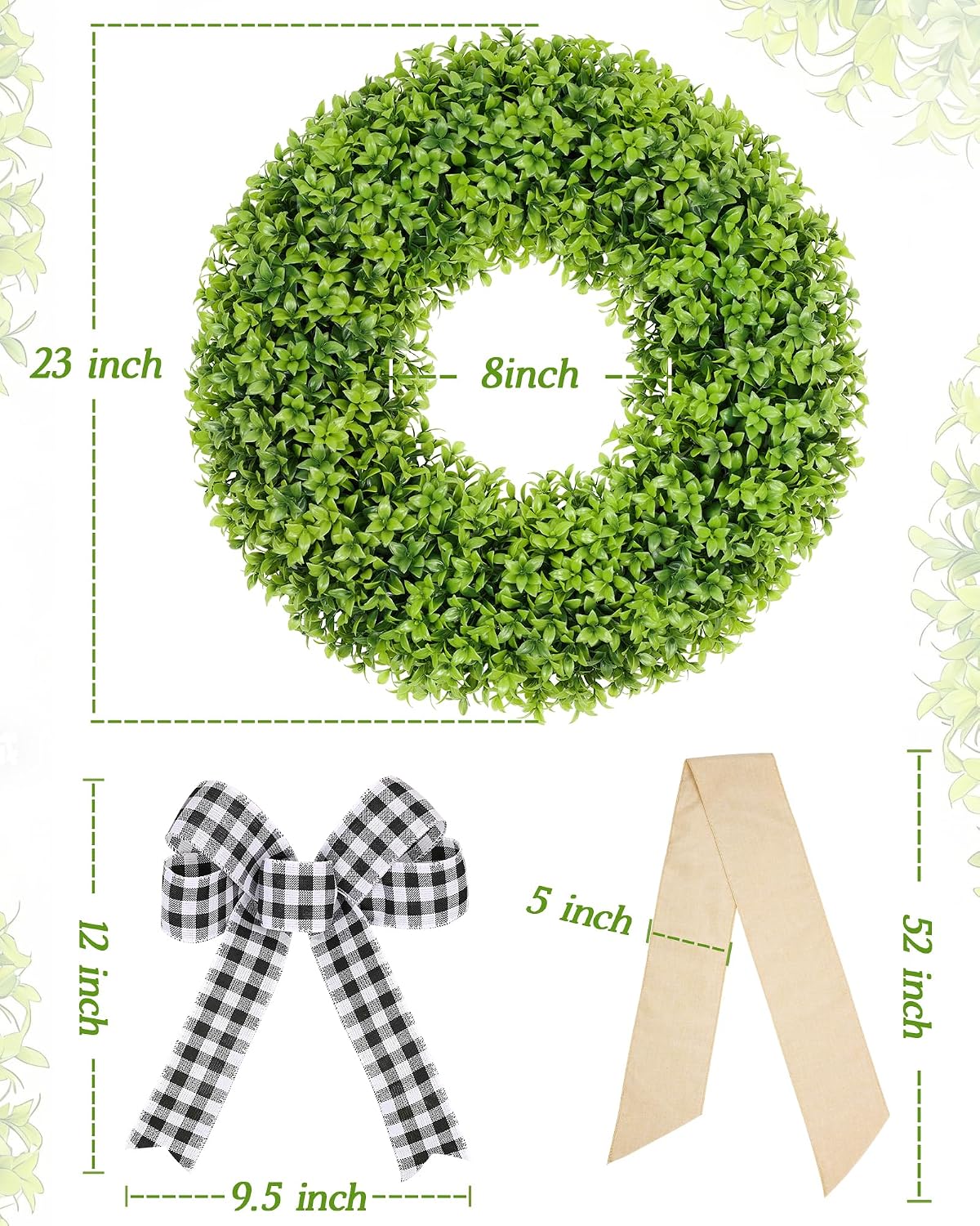 Vlorart 23 Inch Large Boxwood Door Wreaths for Front Door All Season, Artificial Spring Summer Green Wreath with Sash & Bow, Front Door Wreaths for Indoor Outdoor Porch Wall Window Farmhouse Decor