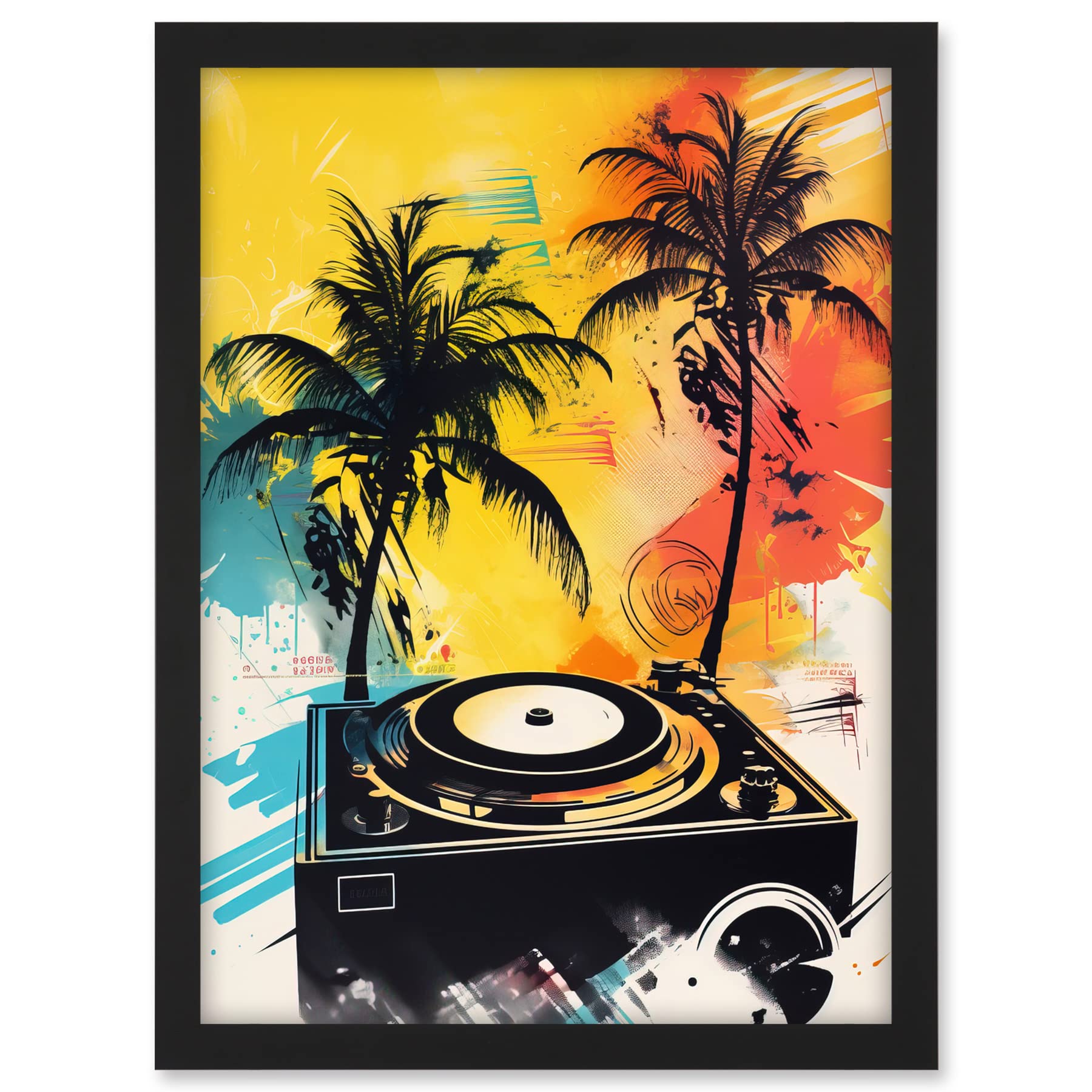 Artery8 Music Under Palm Trees Tropical Beach Party Modern Watercolour Painting Artwork Framed A3 Wall Art Print