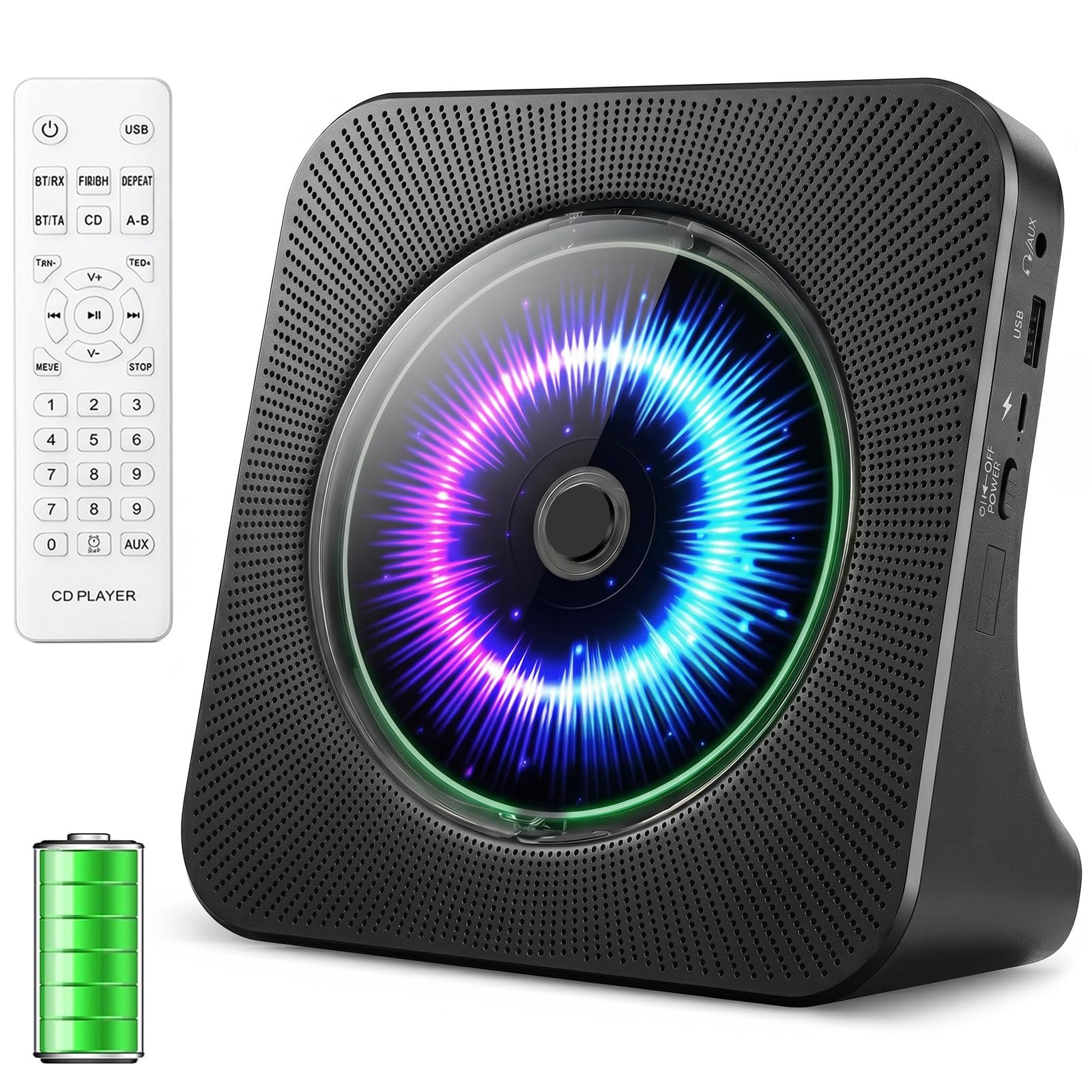 CD Player Portable Bluetooth Desktop 4000mAh Rechargeable (Black)