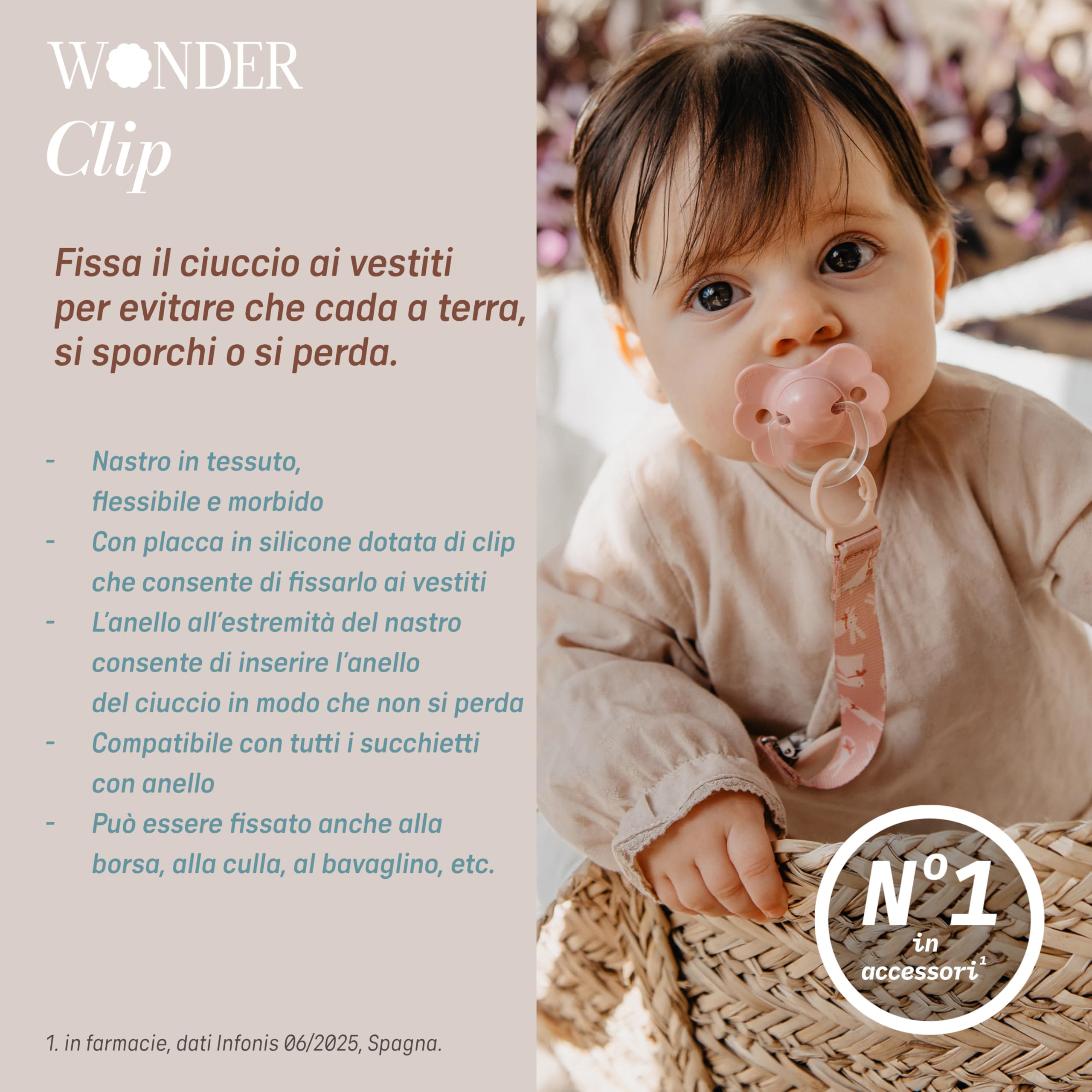 Suavinex, Portaciuccio in tessuto per neonati, Nastro con disegno double-face, Catenella per ciuccio, Clip con fermaglio, per ciucci con anello. +0 mesi, adatto ai neonati, Wonder Coniglietti Verde - 3