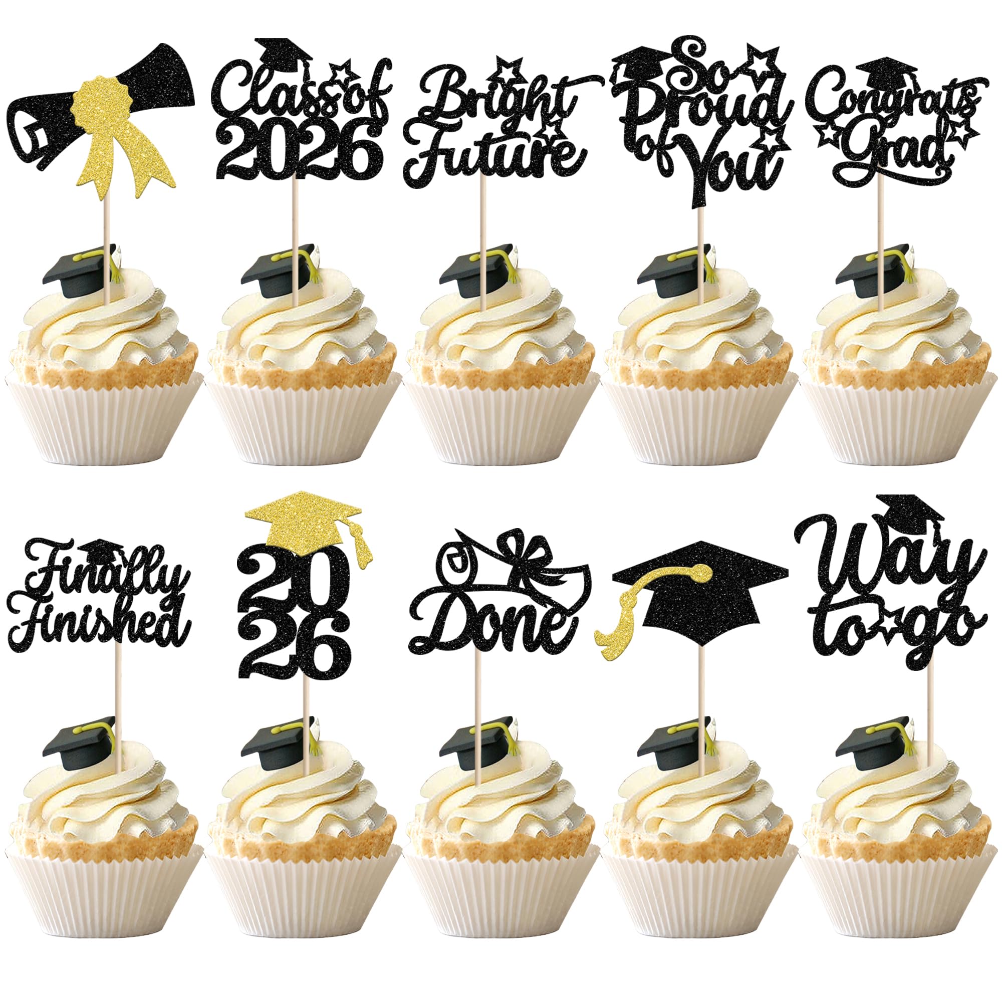 30 PCS Class of 2026 Graduation Cupcake Toppers Glitter Bright Future Diploma Done 2026 Congrats Grad Cap Cupcake Picks So Proud of You cake