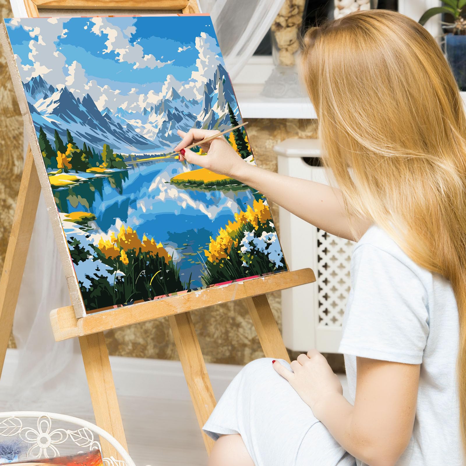 EFOTIML Kit di pittura a numeri per adulti principianti e bambini età 8-12, 1 pezzo 16 x 20 Canvas per Kit di pittura per adulti in scatola colorata (senza cornice) - Montagne di neve Laghi