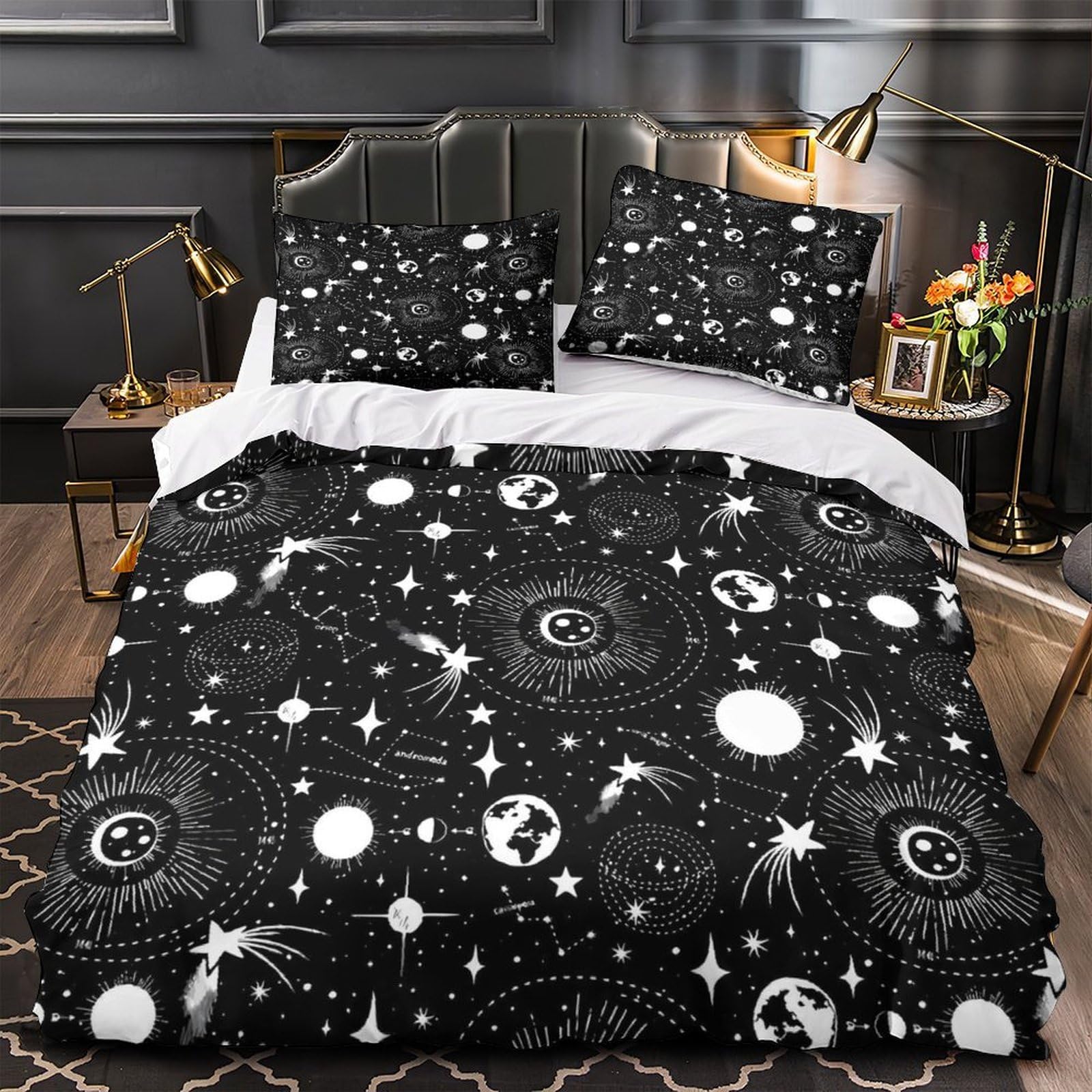 Housse de couette spatiale 135x200cm en microfibre avec parure de lit motif céleste noir et blanc