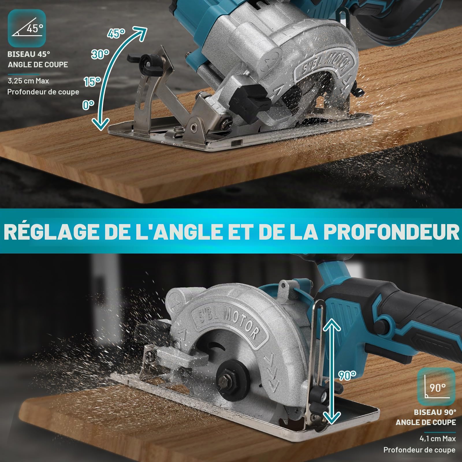 Scie circulaire sans fil pour Makita 18 V batterie, mini scie circulaire manuelle Sans brosse (sans batterie), 125mm 2 Lames, Profondeur de Coupe 41mm(90°), 32.5mm(45°), pour Bois, Carrelage, Métal