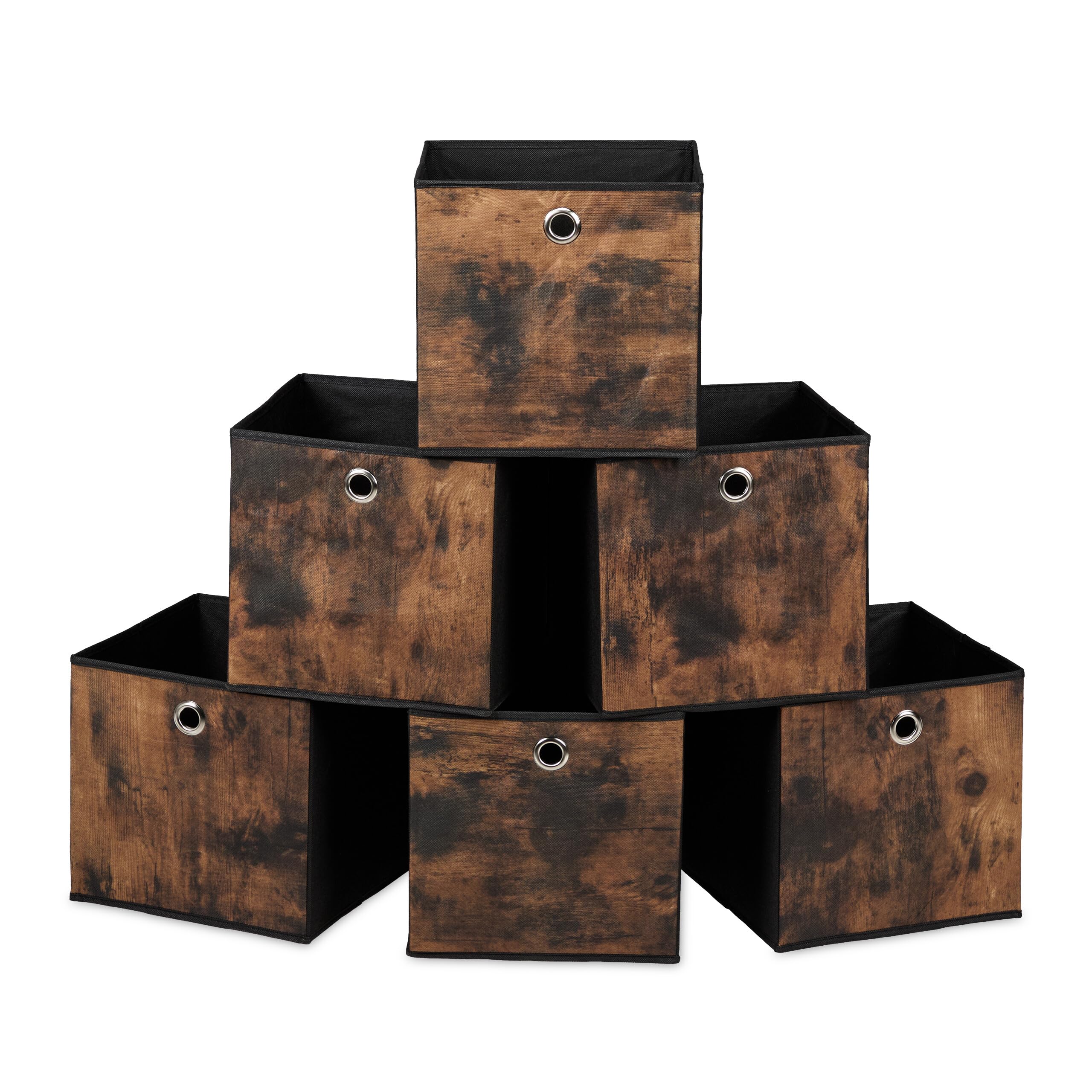 Relaxdays Fabric Storage Cubes, Set of 6, HxWxD: 26x26x26 cm, Wood Effect, Foldable, Shelf Organiser Boxes, Black/Brown, Cardboard, Steel, Plastic