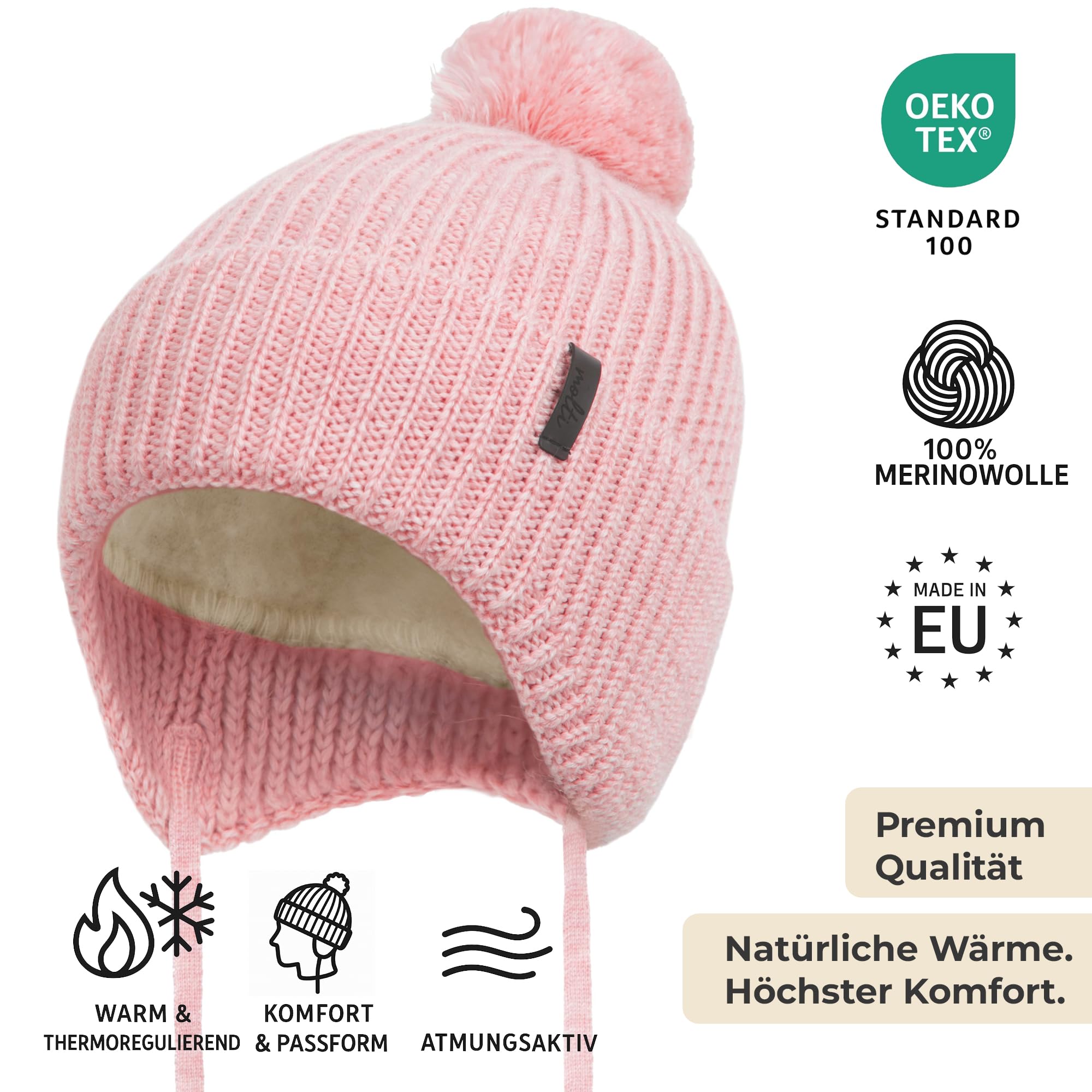 molti Dziecięca czapka zimowa beanie ze 100% wełny merino z podszewką z polaru, czapka z dzianiny z tasiemkami i pomponem, ciepła i miękka, Öko-Tex, rozmiar 46-48, brązowa