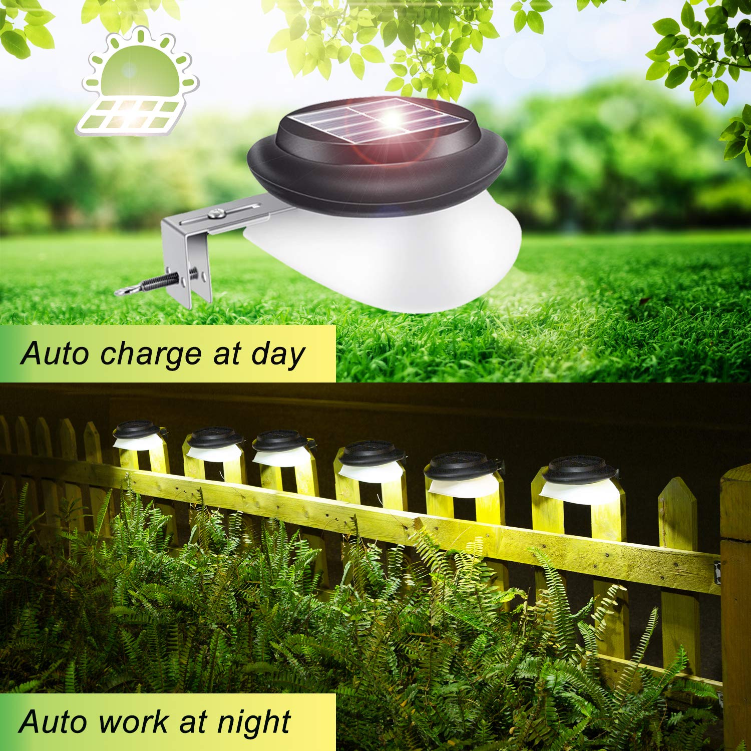 AGOTD Lampy solarne do użytku na zewnątrz, rynny dachowe, 100 lm, IP55, białe, solarne oświetlenie ogrodowe, oświetlenie ścieżek, zewnętrzna lampa solarna do ogrodzenia, patio, chodników, podwórza,