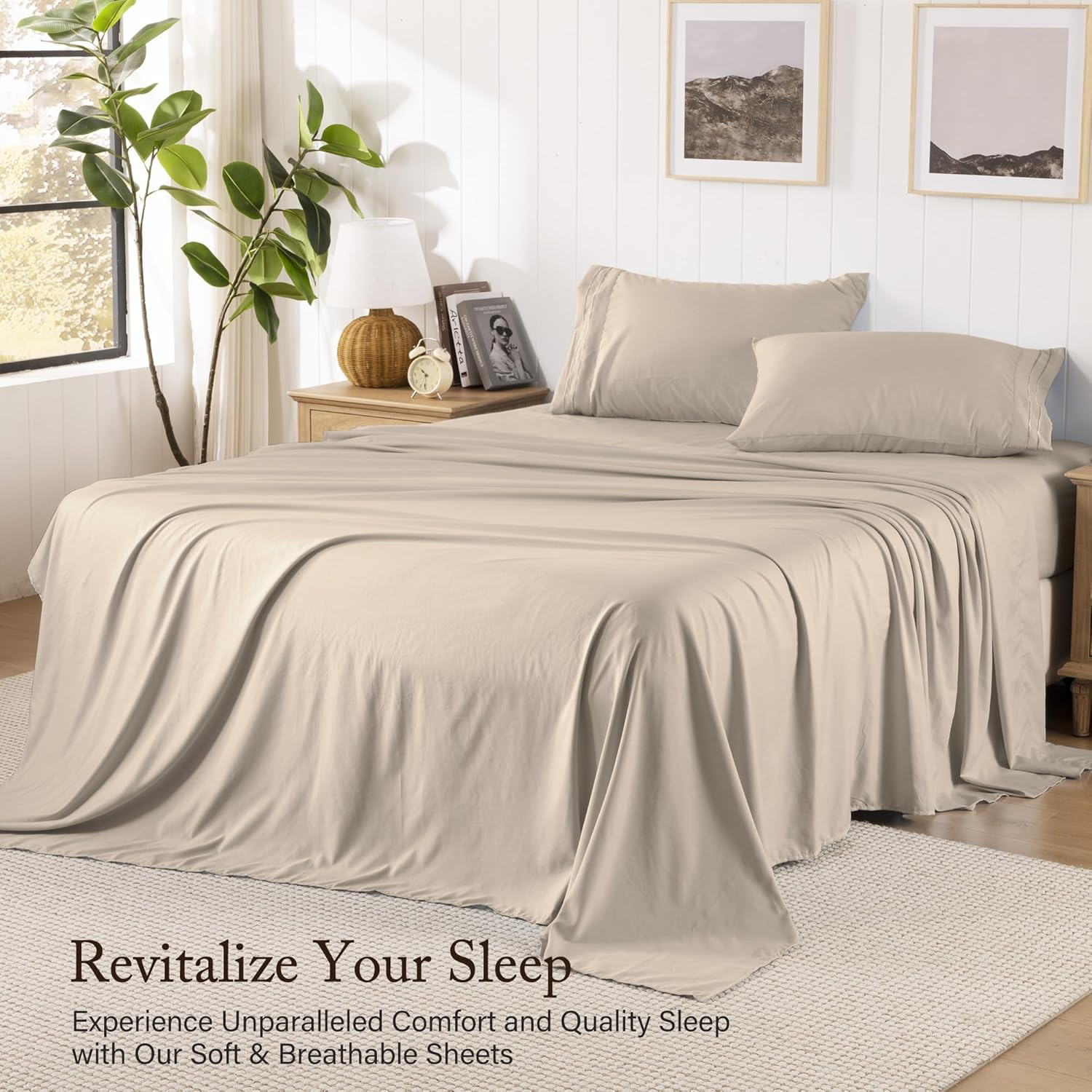 ROSE&RISY Khaki King Size Sheet Set, Pre-Washed Microfiber Cotton-Like 4 Pcs Ultra Soft Bedding Set King, Breathable Cooling Skin-Friendly All Seasons, 1 Fitted, 1 Flat, 2 Pillowcases (Khaki, King)