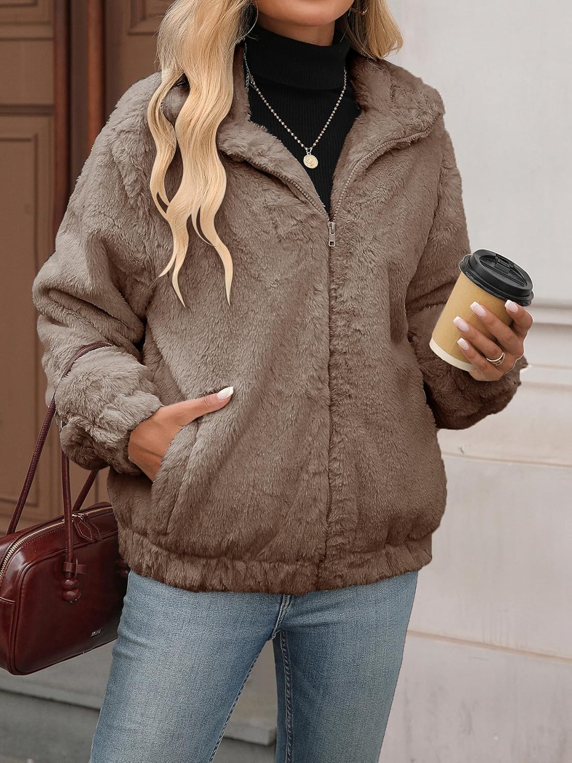 Women's Faux Fur Cropped Coat Fall Winter Warm Fleece Jackets Full Zip Sherpa Jacket - Image 3