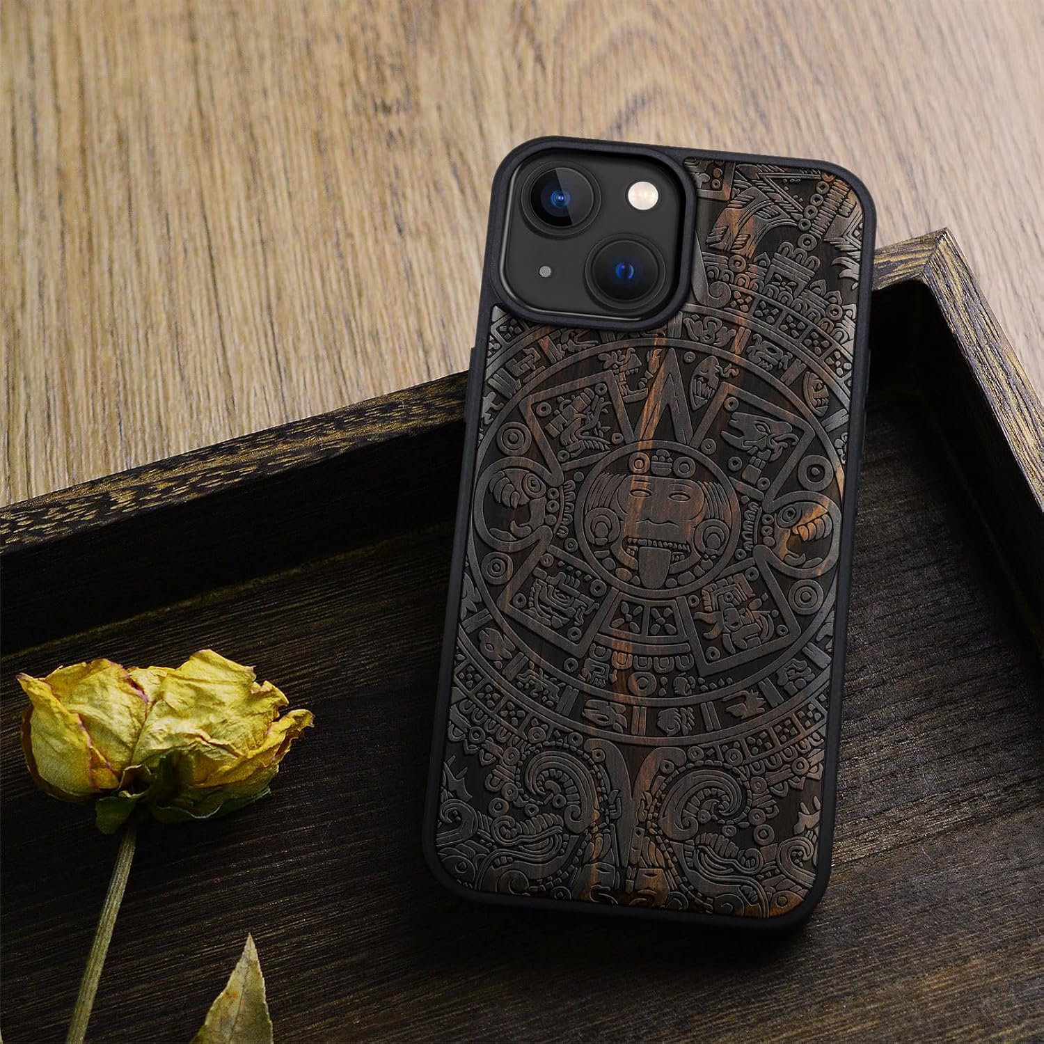 Carveit Magnetic Wooden Case for iPhone 15 Case, Compatible with MagSafe Wireless Chargers, Black Soft TPU Shockproof Cover & Wood Artisan Engraved (Maya Calendar) - Blackwood