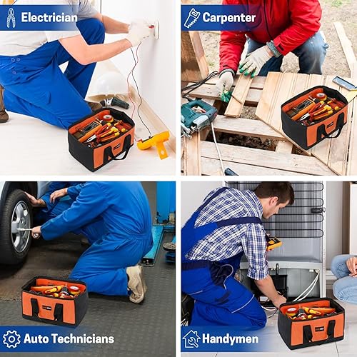 Miniatura 7 de Paquete de 2 bolsas de herramientas de boca ancha, bolsa de almacenamiento de herramientas de electricista de 12 pulgadas, bolsa de gran capacidad