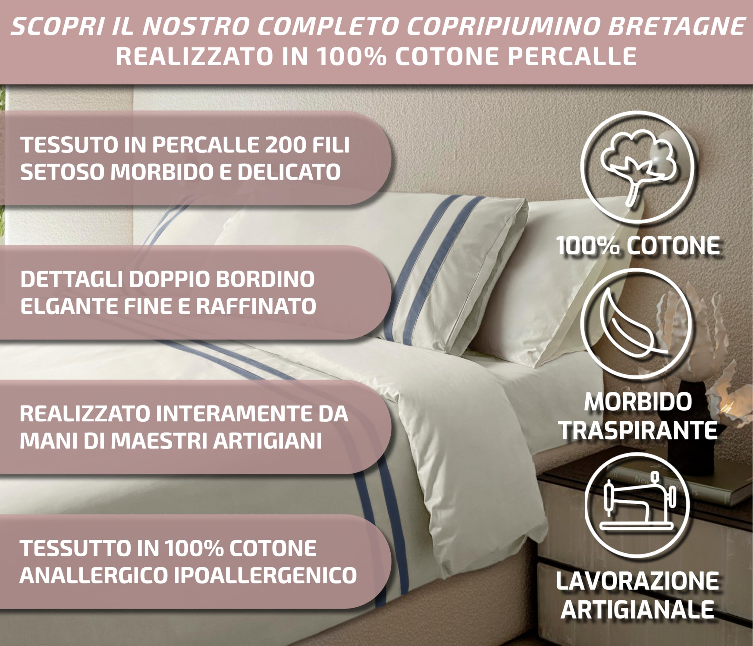 Mahome Completo Copripiumino Matrimoniale Percalle 300 fili (TC) - Doppio bordino su sacco e federe - Sacco 250x200+40cm, Lenzuolo Sotto 180x200x30cm, 2 federe 50x80cm - Made in Italy (Panna-Avio)