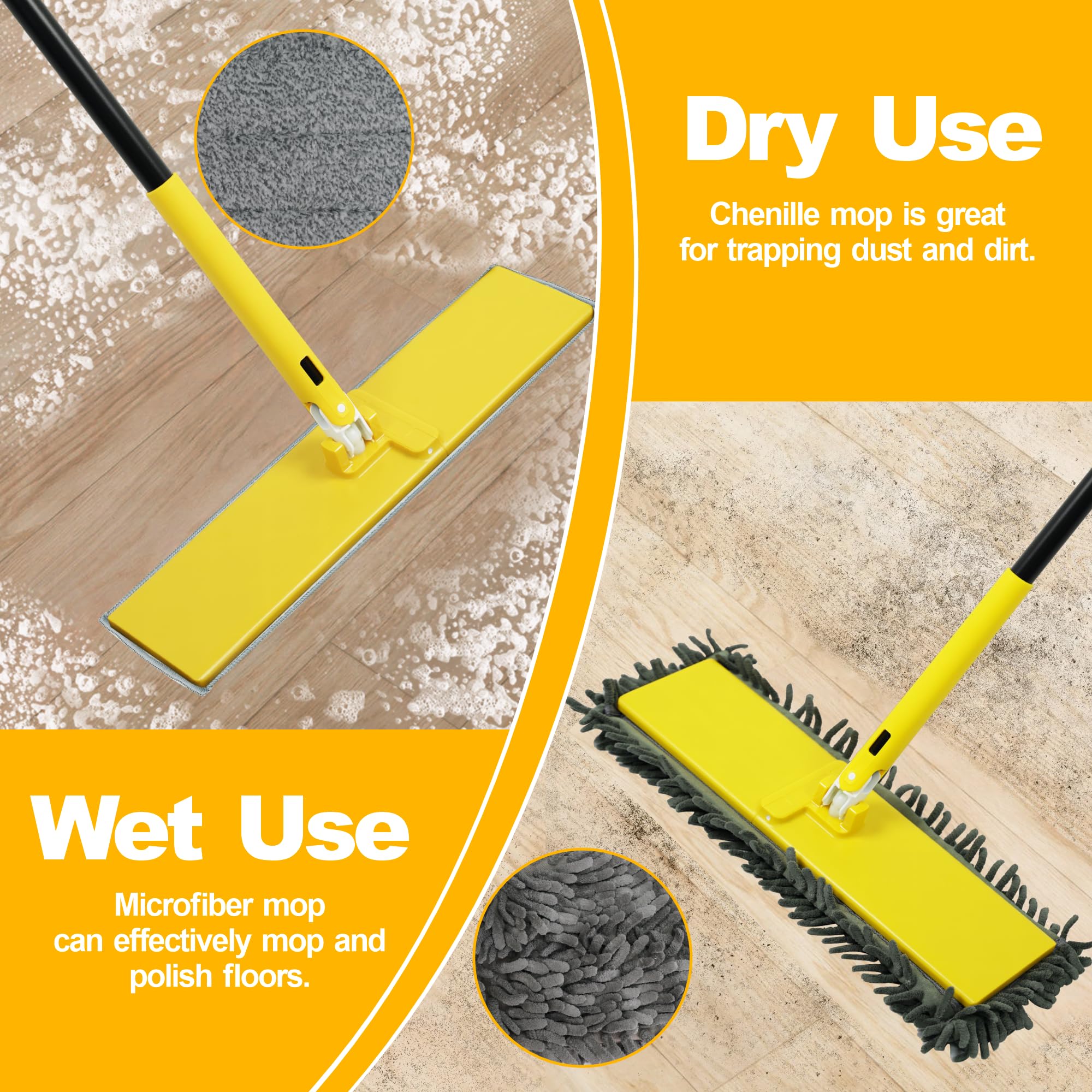 NEWE Mocio Lavapavimenti con Design Unico Pieghevole a 90°, Manico Lungo 132 cm Mocho Pavimento con 2 Tovaglioli in Microfibra e 2 in Ciniglia per la Pulizia di Parquet, Scale, Vinile e Piastrelle