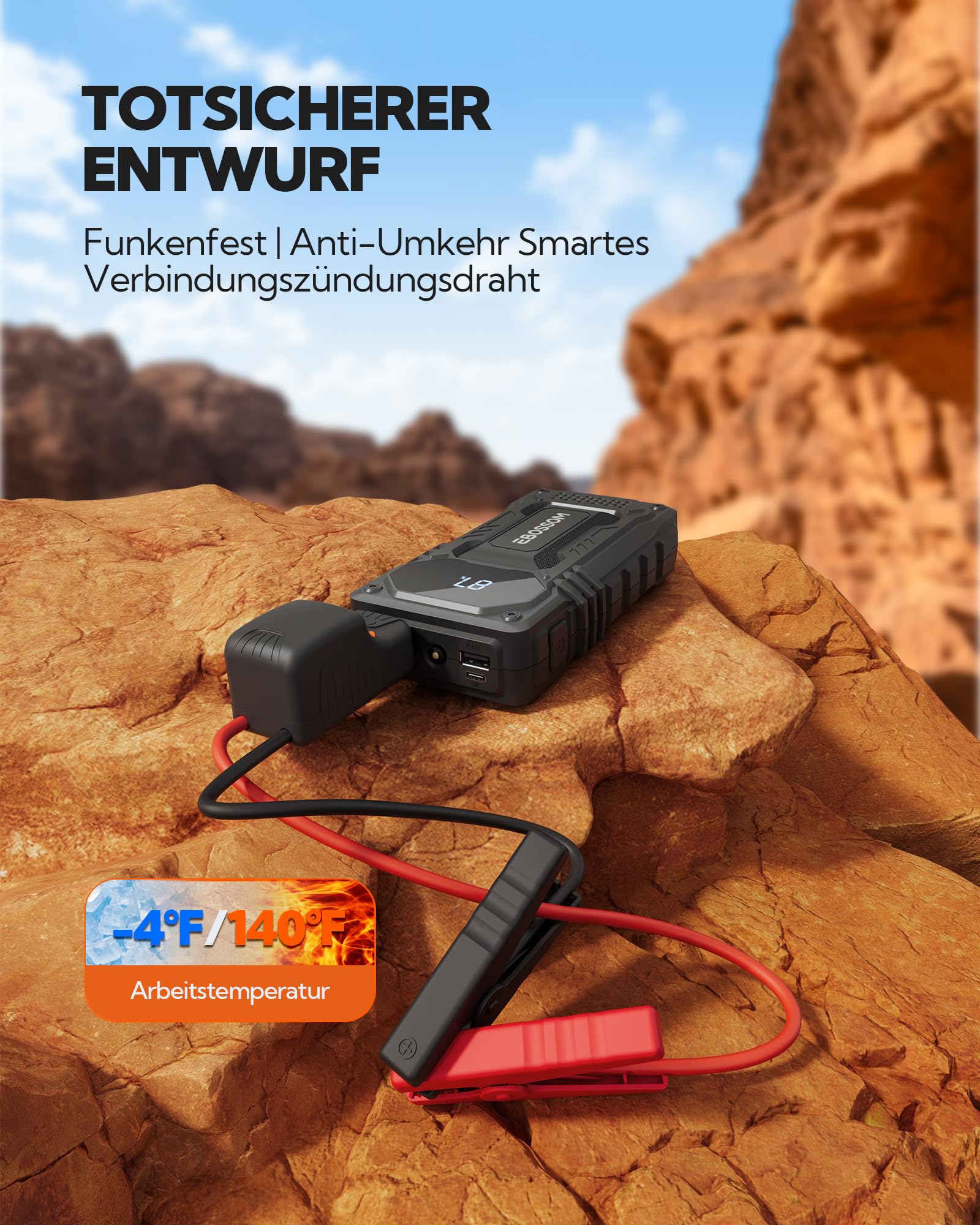 Starthilfe Powerbank für PKW 12000mAh,Jump Starter Auto 44.4Wh Auto-Starthilfe für 12V Fahrzeuge, Starterbatterie-Booster mit LED, Ladegerät Autobatterie mit Starthilfekabel, Überbrückungsgerät
