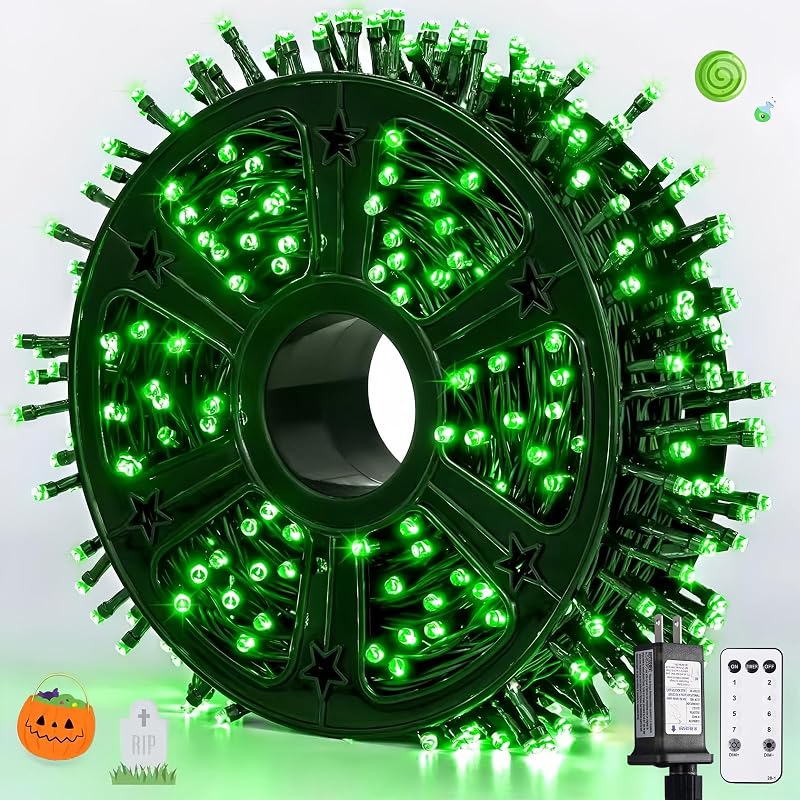 JMEXSUSS 500 luces LED verdes de Halloween, luces navideñas de 173 pies enchufables | Control remoto, 8 modos, cadena de luces verdes impermeables al aire libre para decoraciones de árbol de Navidad de fiesta de Halloween