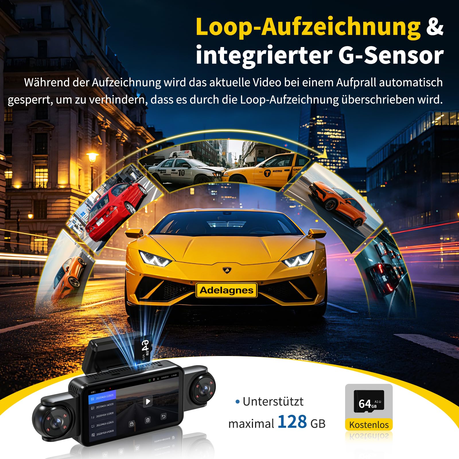 4 Kanal Dashcam 360° Dashcam Auto Vorne Hinten 4K+1080P, 5 Zoll IPS Bildschirm Dash Cam Auto Kamera mit WiFi Kostenlose 64 GB Karte,8 IR Lamp Nachtsicht,G Sensor,Loop-Aufnahme,APP Steuerung