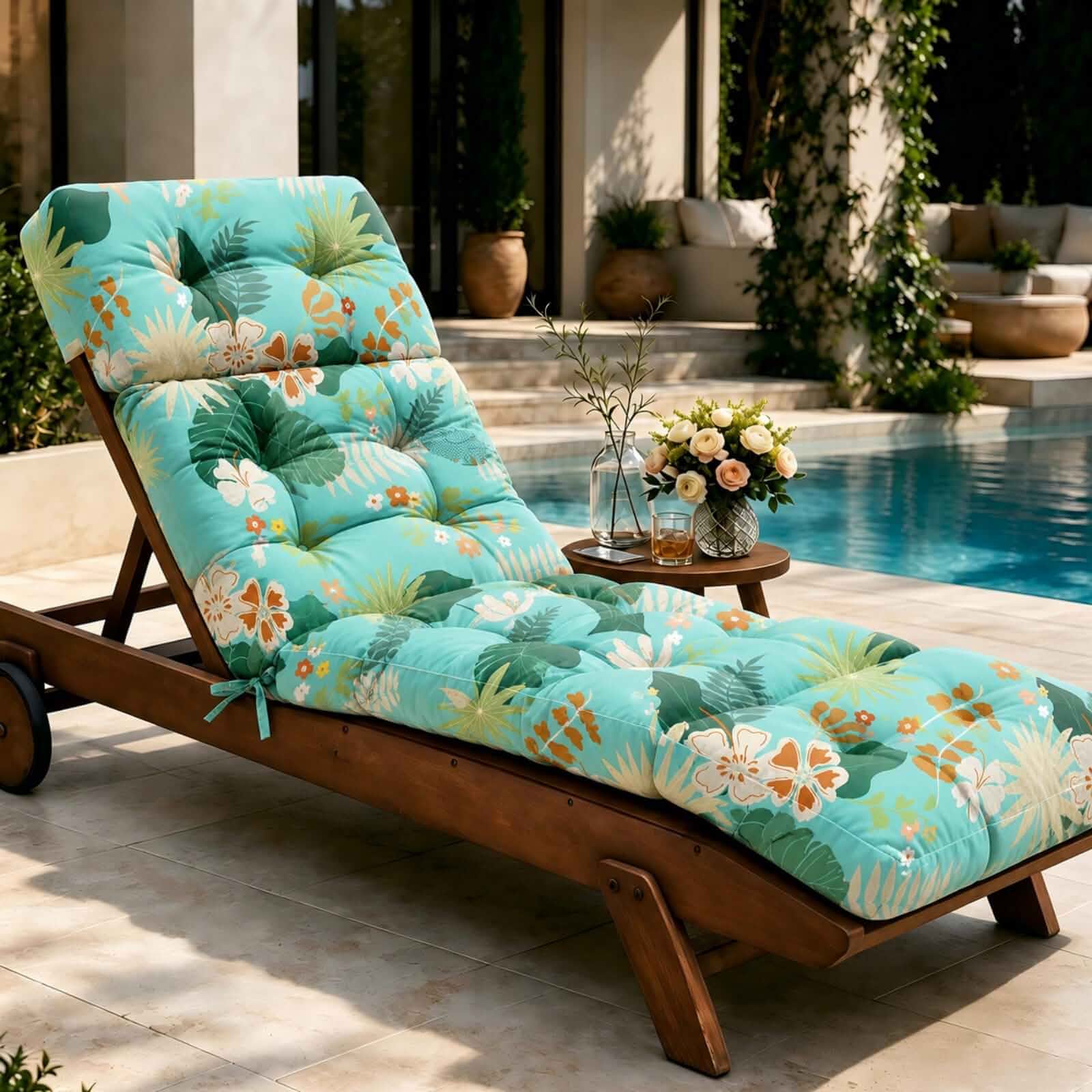 Outdoor Chaise Lounge Chair Cushion Waterproof 74.4x22x4.7 Inch Cyan Floral Leaf, Waterproof Oxford Fabric, Memory Foam Filling, Patio Pool Lounge Cushions Replacement, Non-Slip, Ties