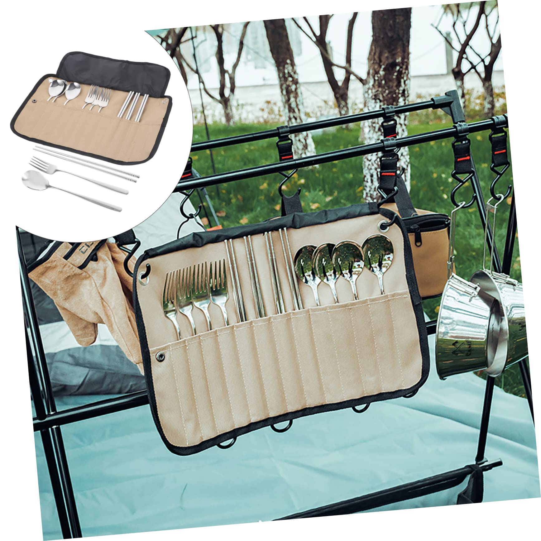 Camping Besteckset aus Edelstahl mit Tasche Leichtes Picknickbesteck 4 Stück Geschirrset für Outdoor Camping Grillen Wandern und Picknick