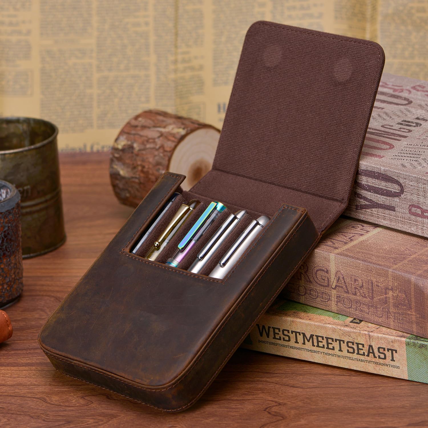 Lanxivi - Genuine Leather Fountain Pen Case Organizer 6 Slots Portable Pouch Drawer Style - Image 3
