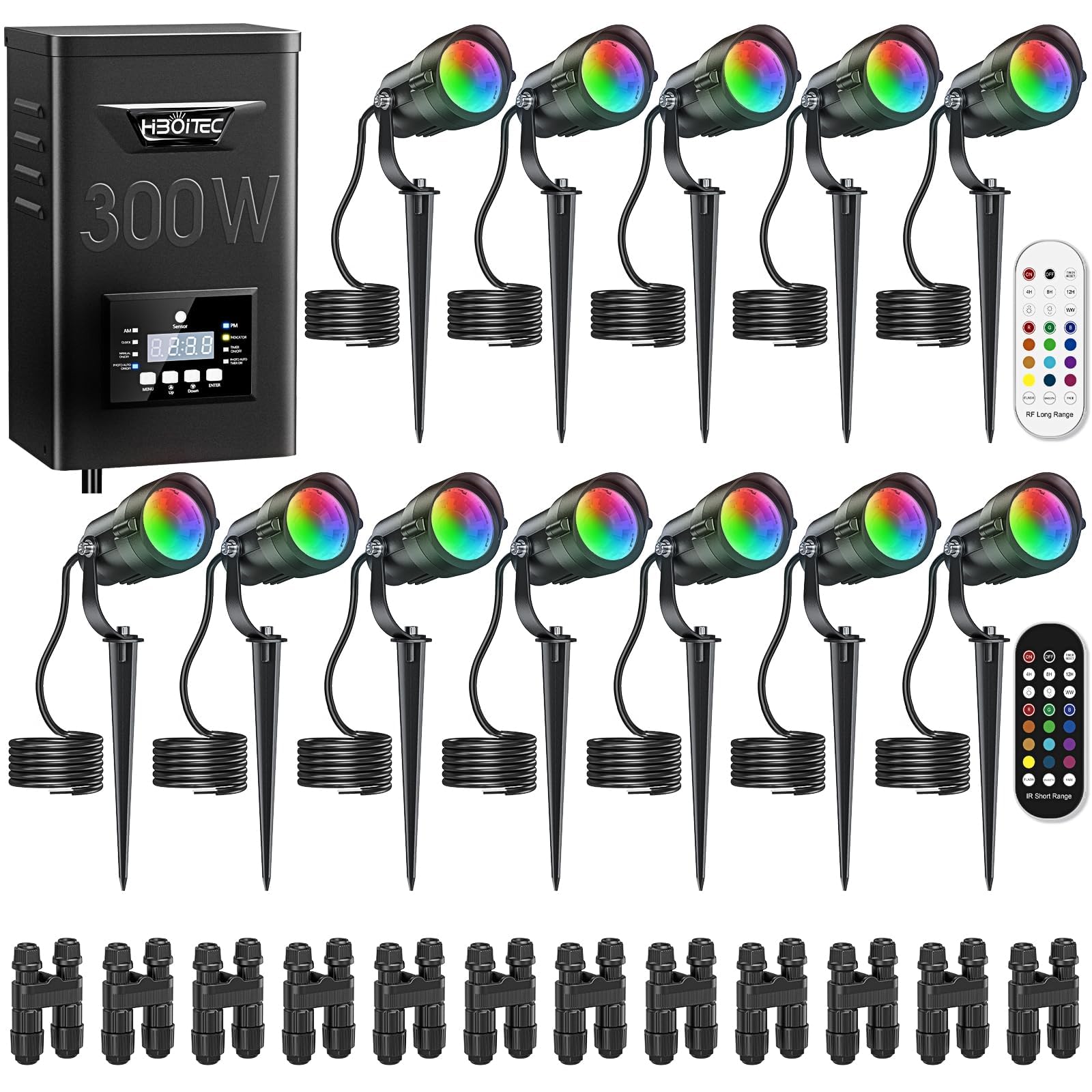 HIBOITEC RGBW Low Voltage Landscape Lighting 12W with 300W Transformer Remote Connectors Spotlights Landscape Lights Kit 12-24V AC/DC Waterproof for