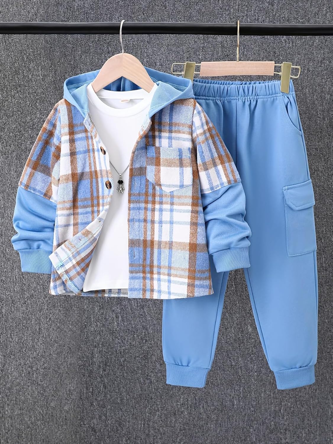 Boys 2 Pieces Sweatsuit Flannel Plaid Shirt Tops Hoodies Cargo Sweat Pants Clothing Set 3-14Y - Image 3