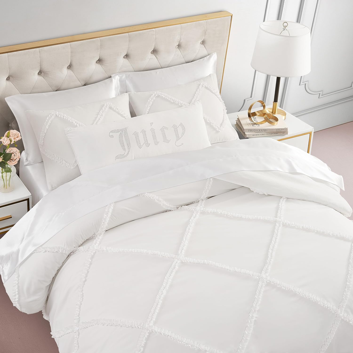 Juicy Couture Diamond Queen Comforter Set - Ruffle 3-Piece Machine Washable Reversible Bedding Comforter Set, White