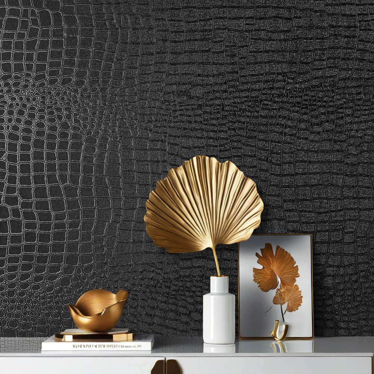 Arthome Autoadhesivo Papel Pintado Negro,44cmx10m Cocodrilo Texturado papel Vinilo Adhesivo Imitación Cuero Negro Impermeable Removible Piel de Cocodrilo para Muebles