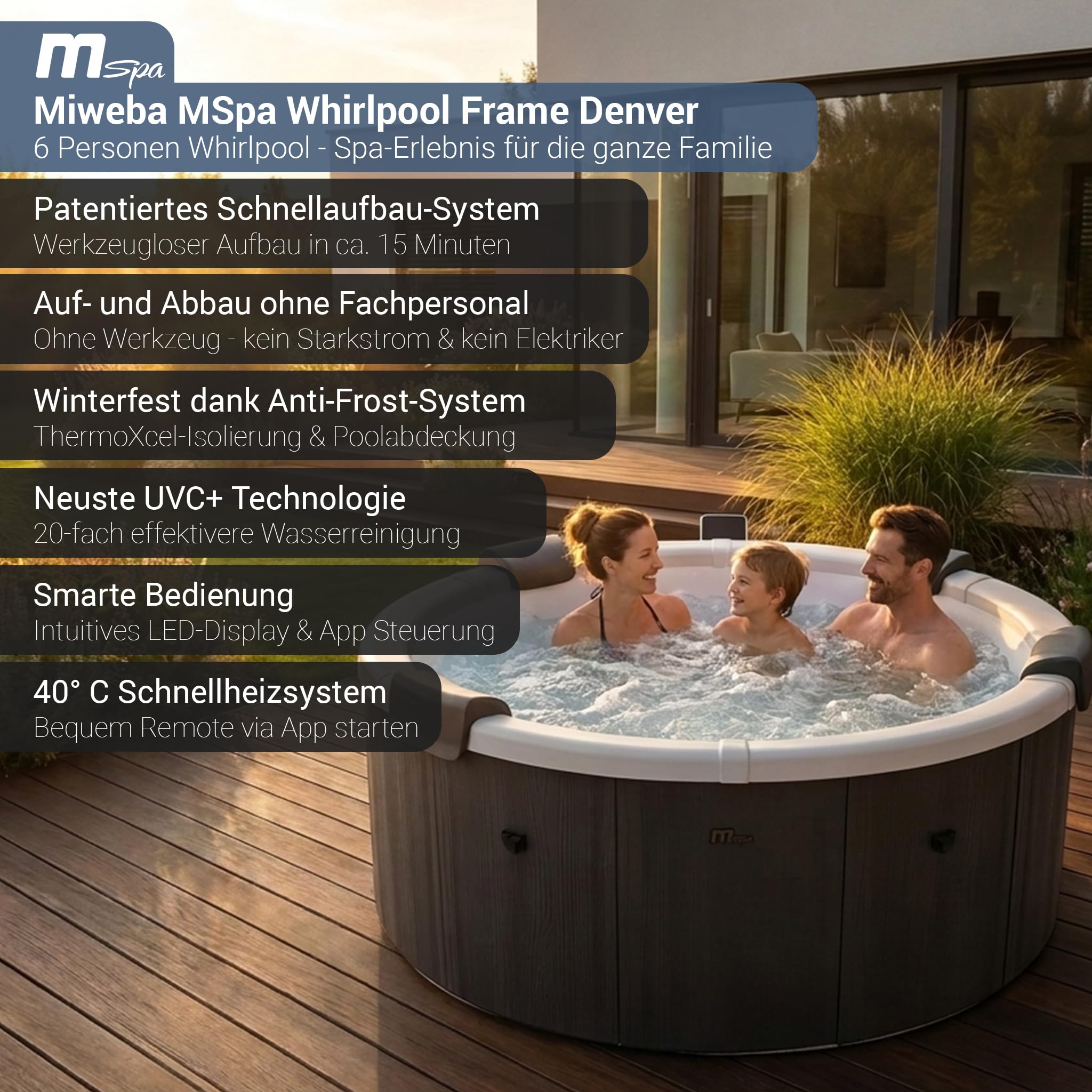 Miweba Whirlpool MSpa Denver mit Fester Außenwand | 6 Personen Spa Ø182x70cm | RGB LED-Beleuchtung | App Steuerung | 130 Massagedüsen | Ganzjähriger Einsatz Winterfest | In & Outdoor Pool | Gartenpool