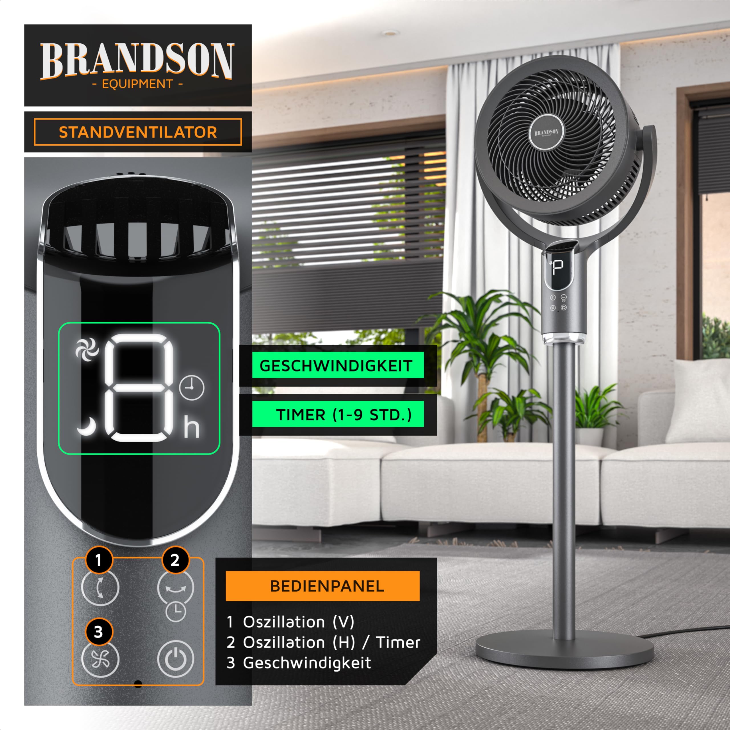 Brandson – 3D Standventilator mit Fernbedienung, Sieger Life & Living Award 2026, 3D Oszillation, Extra Leise, Sleep Modus, 8 + 1 Geschwindigkeitsstufen, für Schlafzimmer Wohnzimmer Kinderzimmer Büro