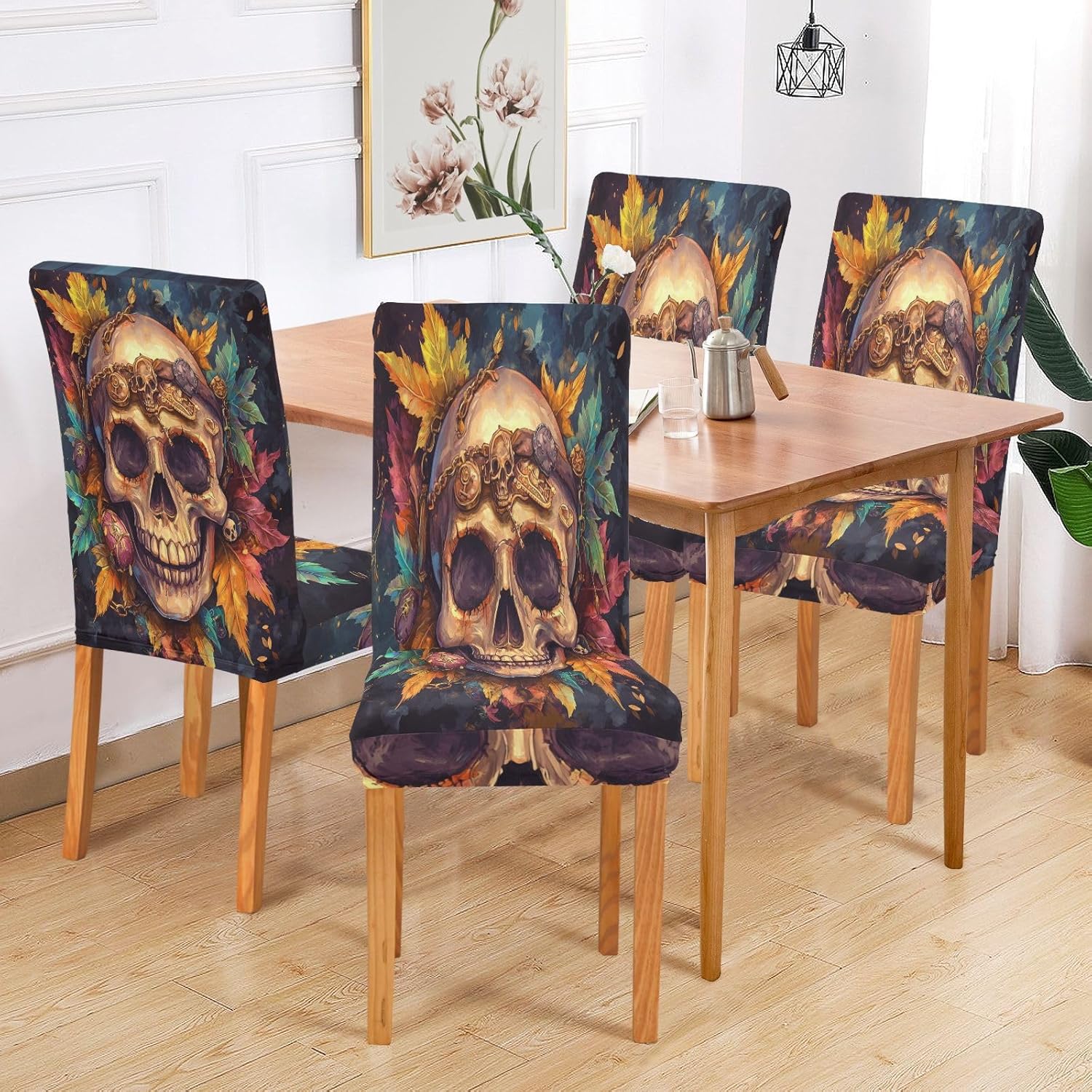ALAZA Chair Covers for Dining Room, Pirate Skull with Leaves Stretch Chair Cover Sets Chair Protector Removable Washable for Ktichen Restaurant Hotel