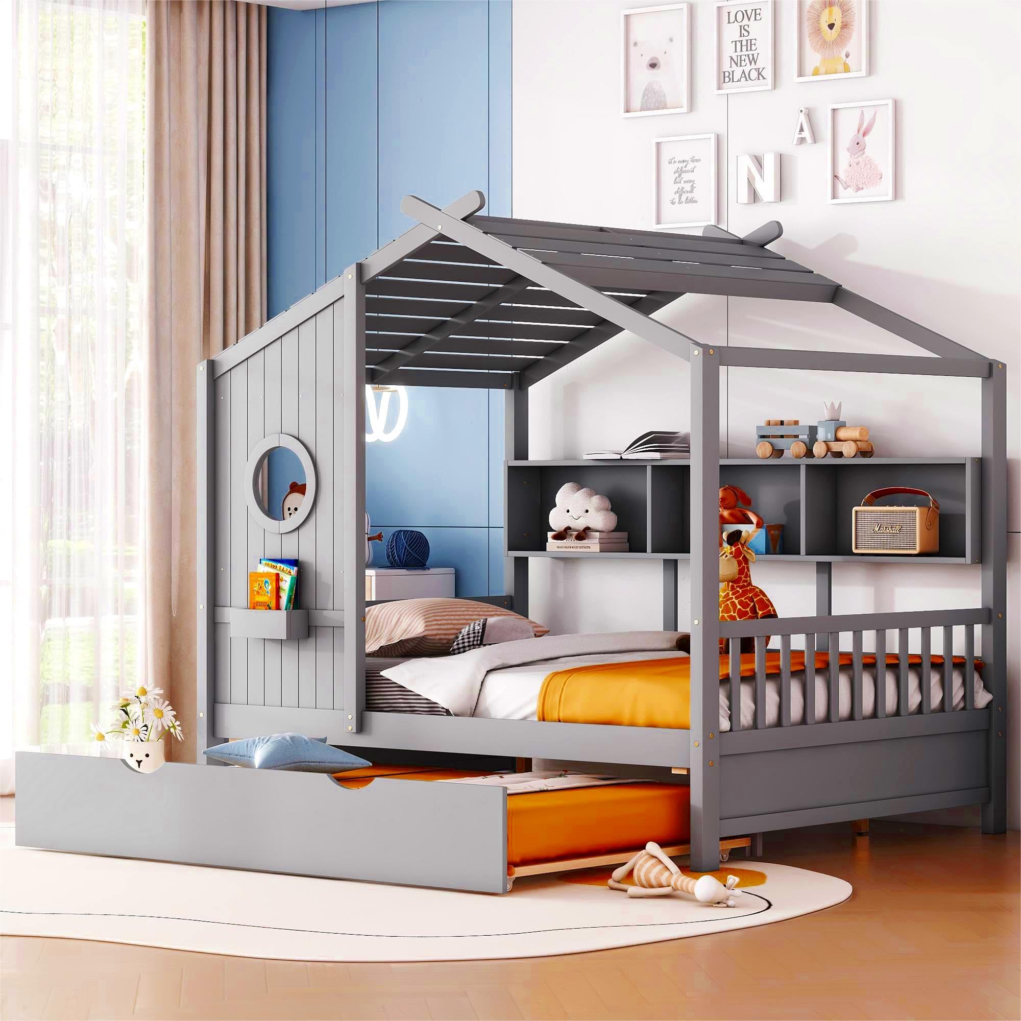 Full Size House Bed with Roof and Window for Kids, Wooden Playhouse Bed with Storage Shelves and Trundle for Bedroom Furniture Girls &amp; Boys (Grey/T2)