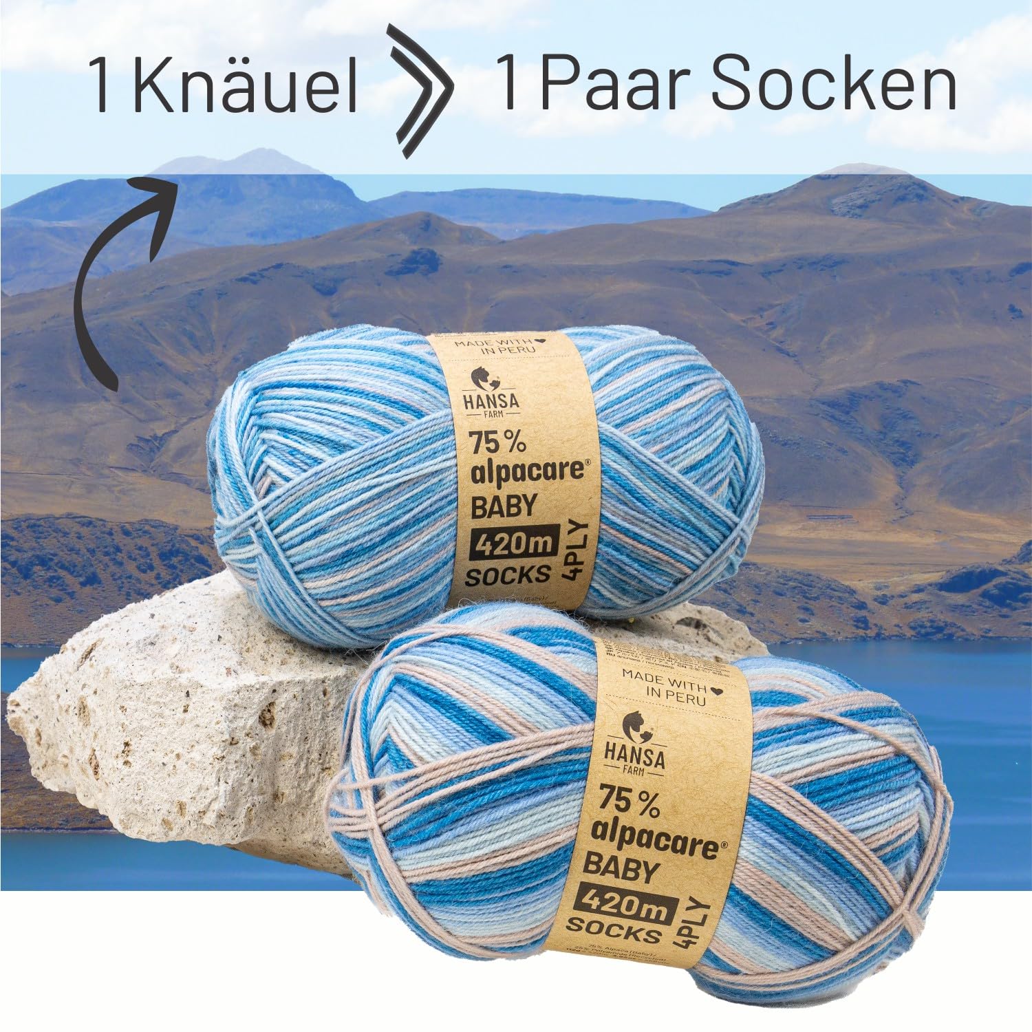 HANSA-FARM |alpacare 75% nadające się do prania skarpetki z alpaki, zestaw 224 g (2 x 112 g), wełna na skarpety, bez zarysowań, do robienia na drutach i szydełkowania - SE4 Blue Breeze