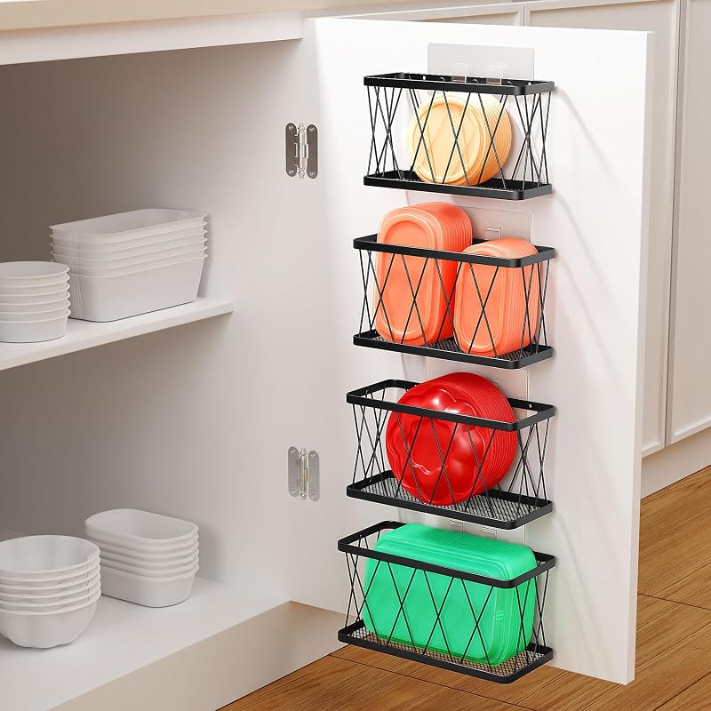 4 Pack Metal Kitchen Inside Cabinet Door Organizer, Adhesive Lid Organizers Cabinet Door Storage for Tupperware Lid, Storage Holder Basket for Kitchen Wall Mounted (Black)