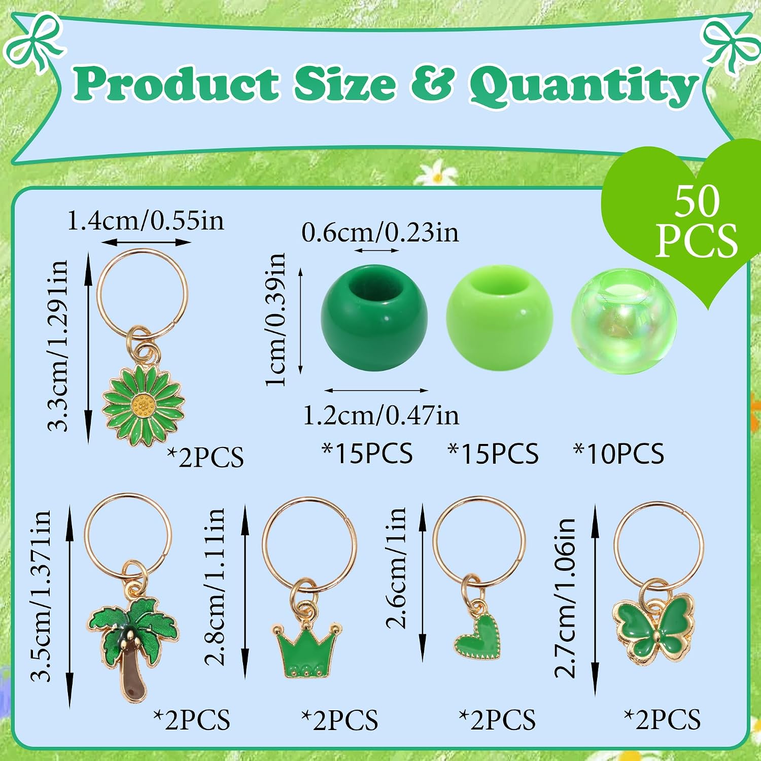 NAISKA 50PCS Green Hair Jewelry for Braids Cute Pony Beads Summer Loc Charms Daisy Flower Braids Jewelry Iridescent Dreadlock Beads 8 Styles Braids Accessories for Kids Girls image 4