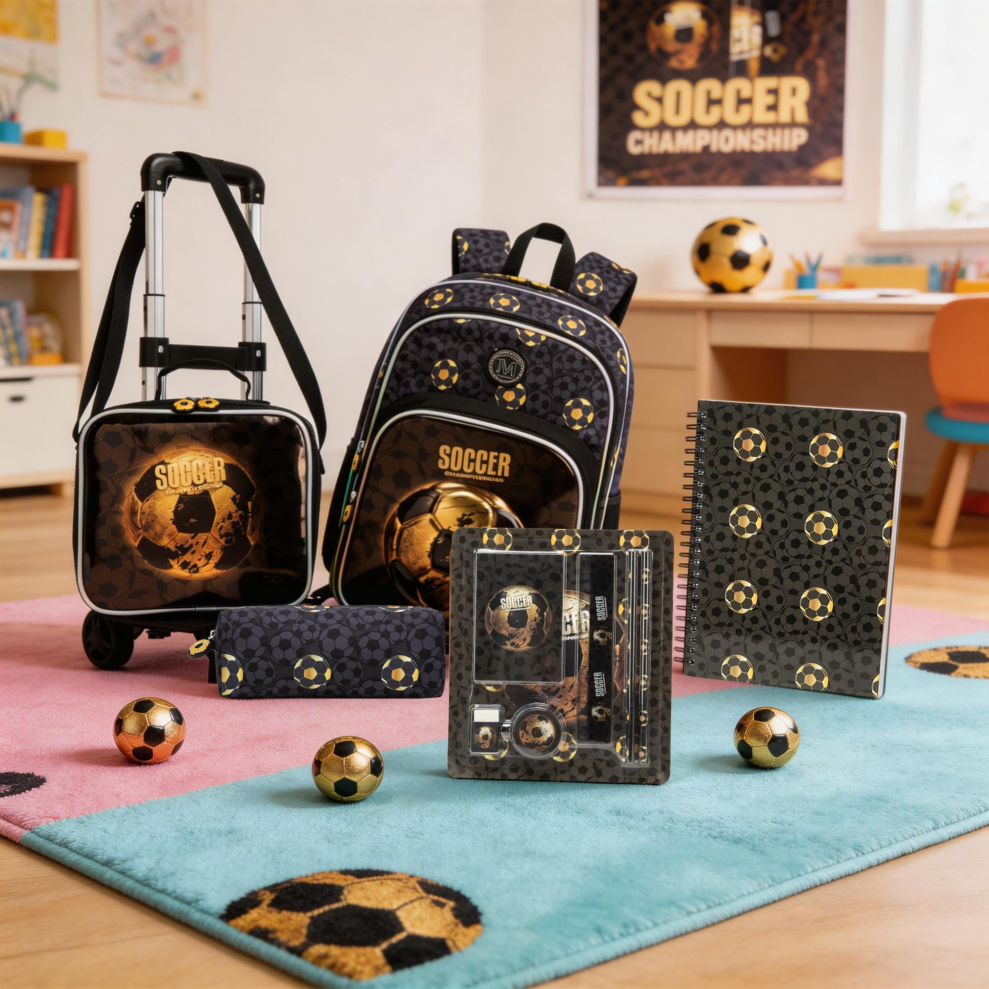 HTgroce Schulrucksack Trolley Jungen Fußball – 5-Teiliges Set Schulranzen mit Rollen – Inkl. Lunchtasche, Federmäppchen, Tagebuch & Schreibwaren – Einschulung